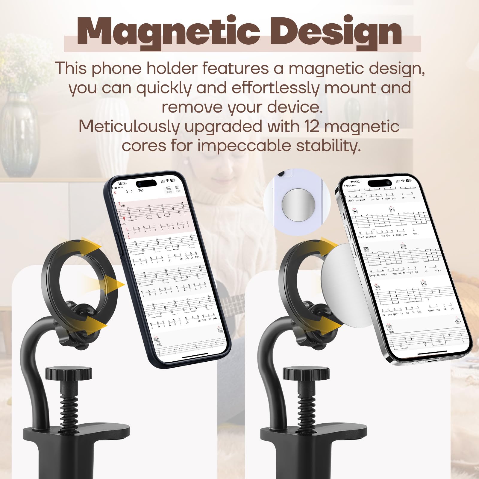 Support Téléphone Magnétique Pour Guitare – Porte-Partitions & Live Stream – Réglable & Stable