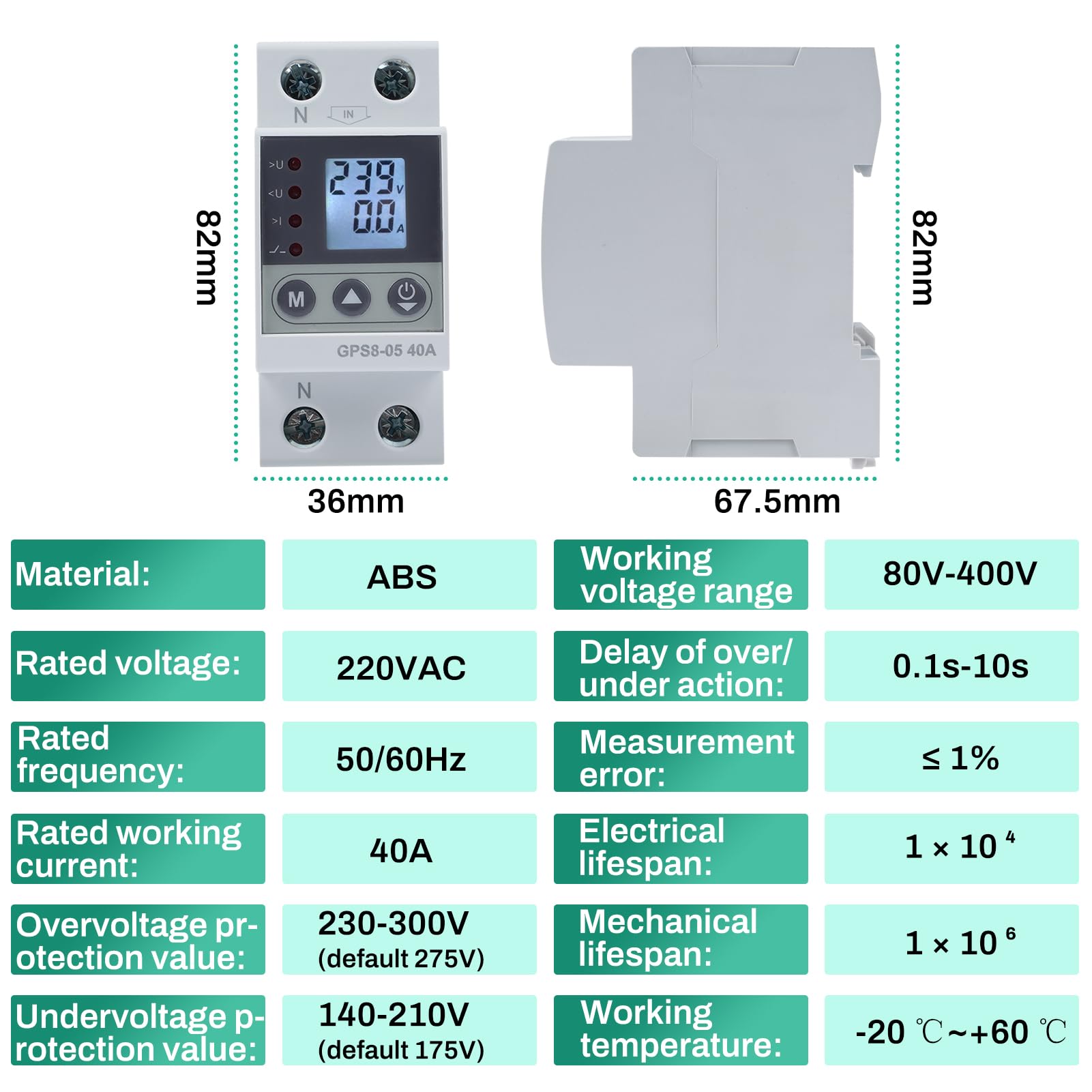 40A stabilizzatore di tensione 220V scaricatore di sovratensione magnetotermico contatore energia elettrica 2P con Funzione di autoreset Sovratensione/sottotensione e sovracorrente (GPS8-05-U)