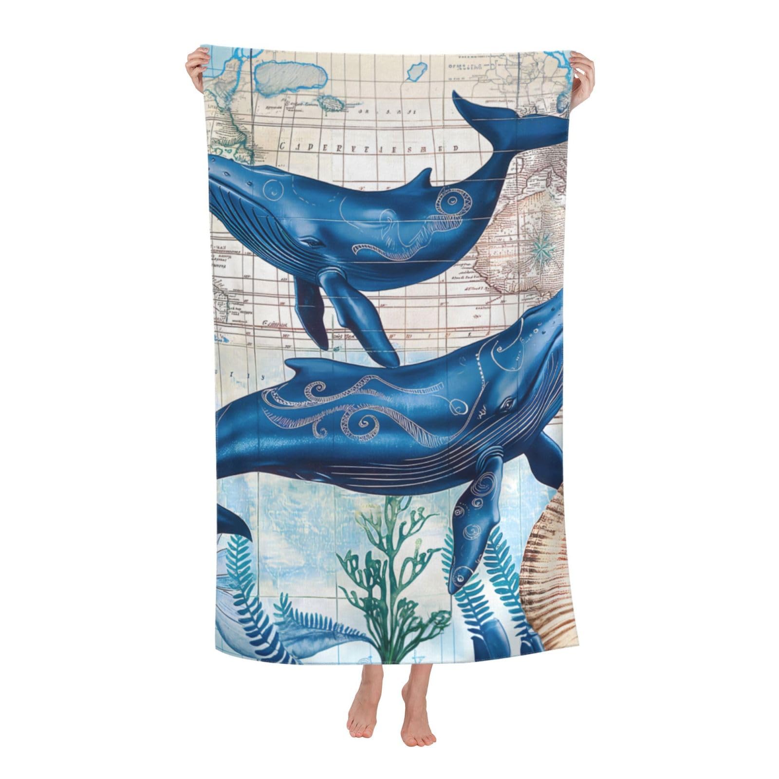 HLBSDM Vintage Whale Beach Towel 31inx51in Nautical Ocean Map Sand Free Microfiber Bath Towel Ultra Soft Quick Dry Pool Towel Absorbent Towel Lightweight Towel for Swimming Bathroom Decor