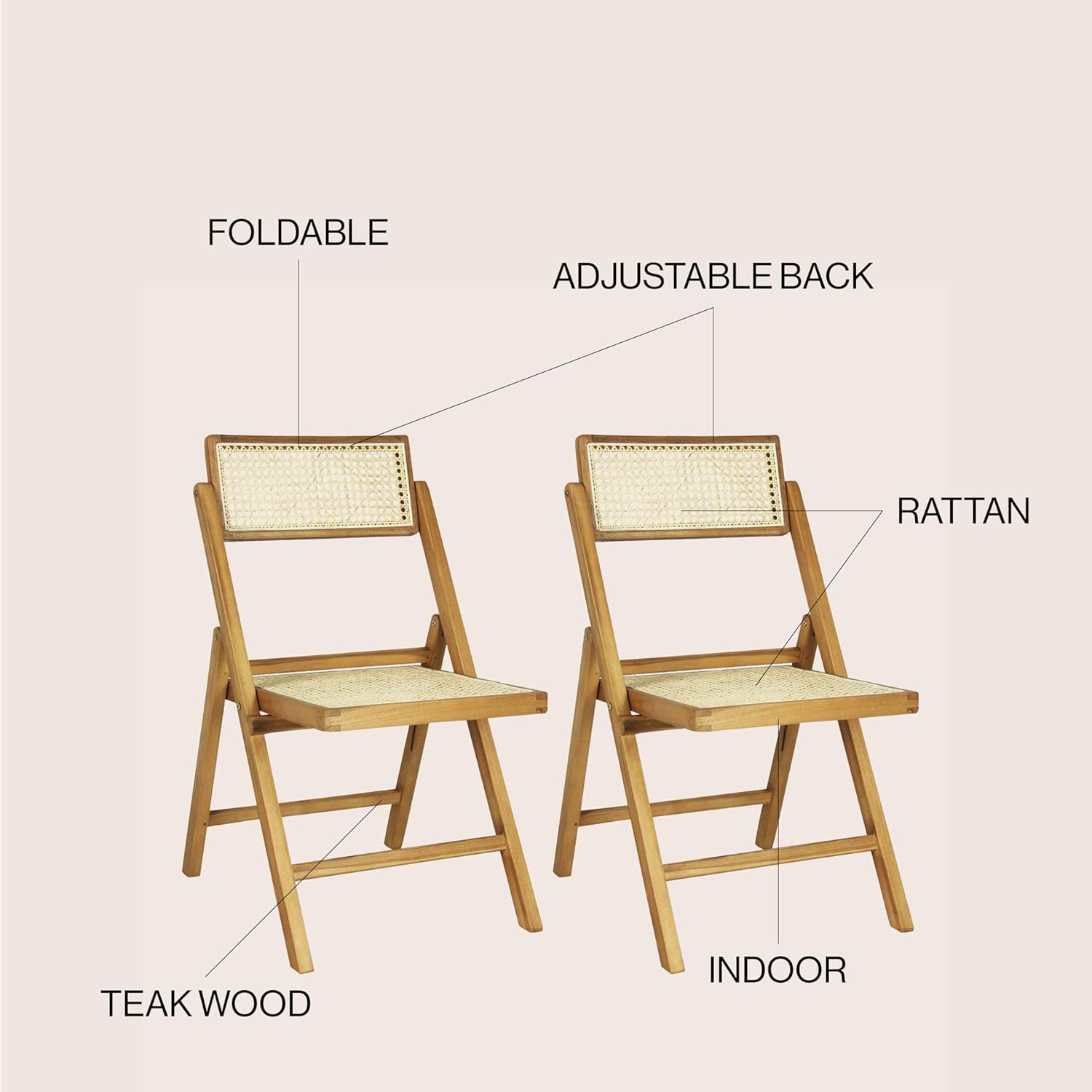 JONATHAN Y FLD1000A-SET2 Theo Mid-Century Vintage Wood Rattan Folding Chair with Adjustable Back Modern, Traditional, Bohemian, Classic, Scandinavian, Minimalist, Light Brown (Set of 2)