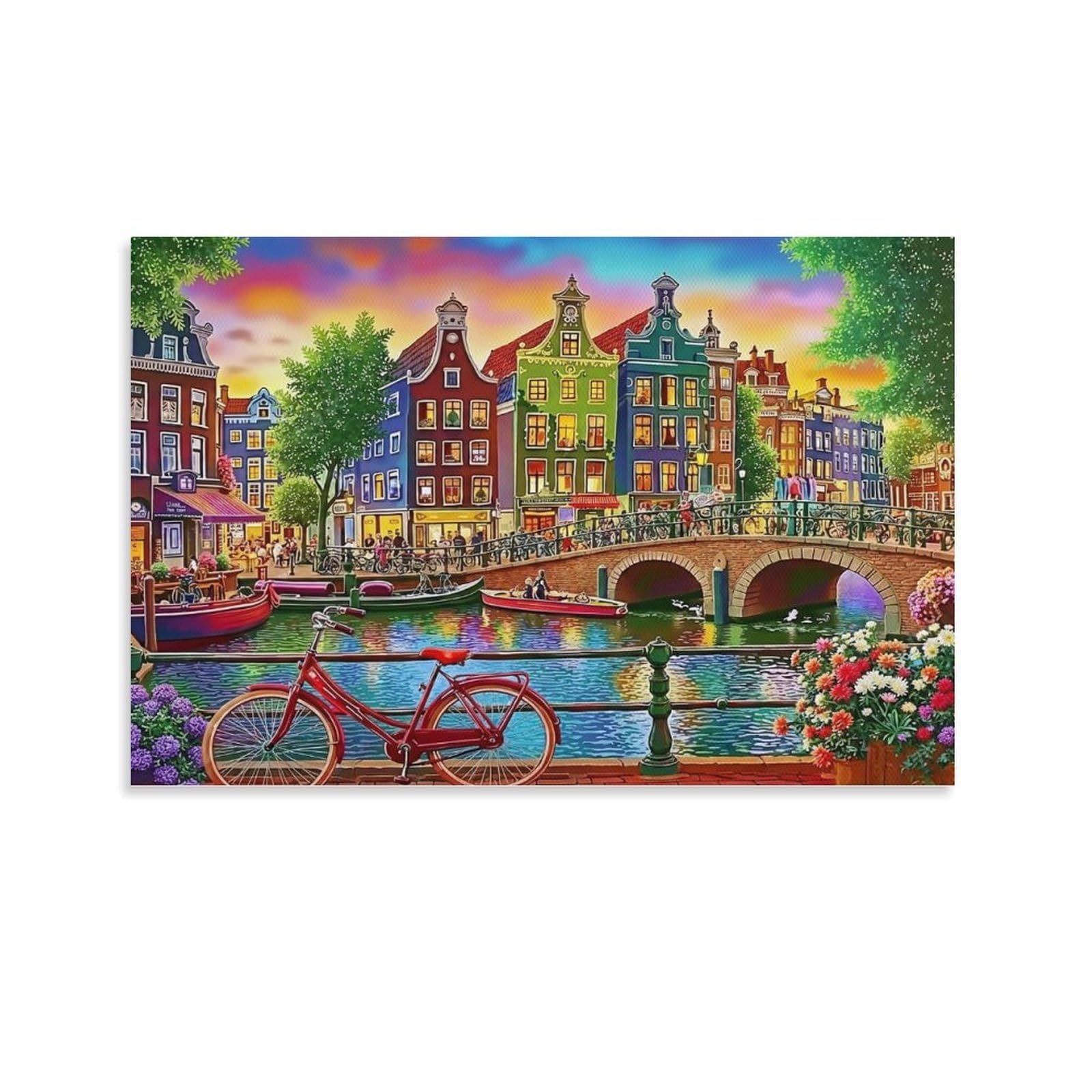 CPLVKWRQJ Amsterdam Canal Scene Individual Colorful Amsterdam Canal Sunset Canvas Print - Office Wall Art Fade Resistant Statement Piece Ready to Hang 24x36inch(60x90cm)