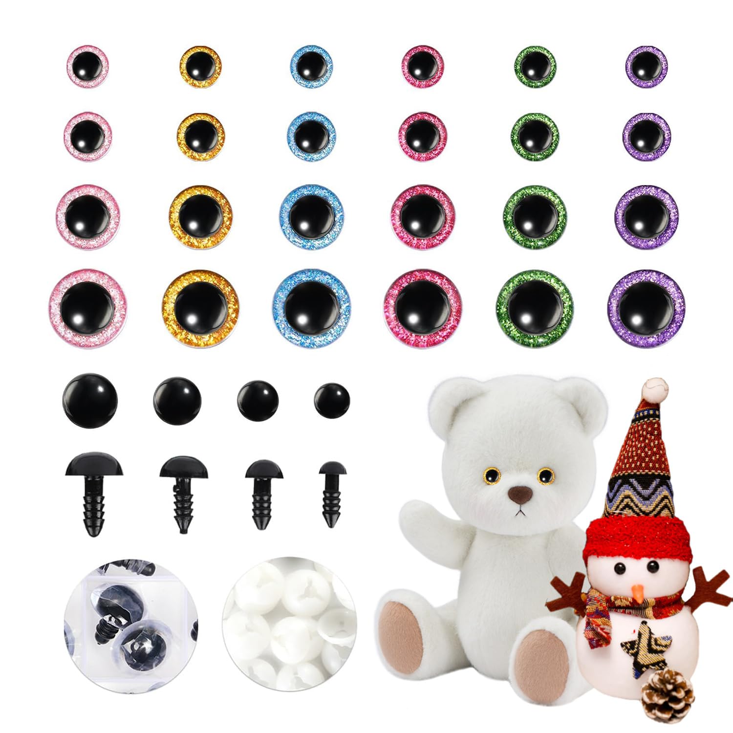 Cumnvulnt 336 Pcs Safety Eyes for Crochet Toys, 6-24mm Glitter Safety Eyes with Washer for Amigurumi Crocheting, Plastic Crochet Eyes for Doll Stuffed Animals (6 Colors)