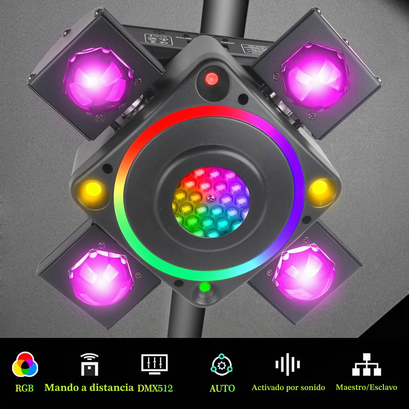 Luces de DJ de cabeza móvil de 4 brazos, luces de fiesta para interiores con control remoto de 120 W RGBW 4 en 1, luz LED DMX512 y luz de discoteca giratoria activada por sonido