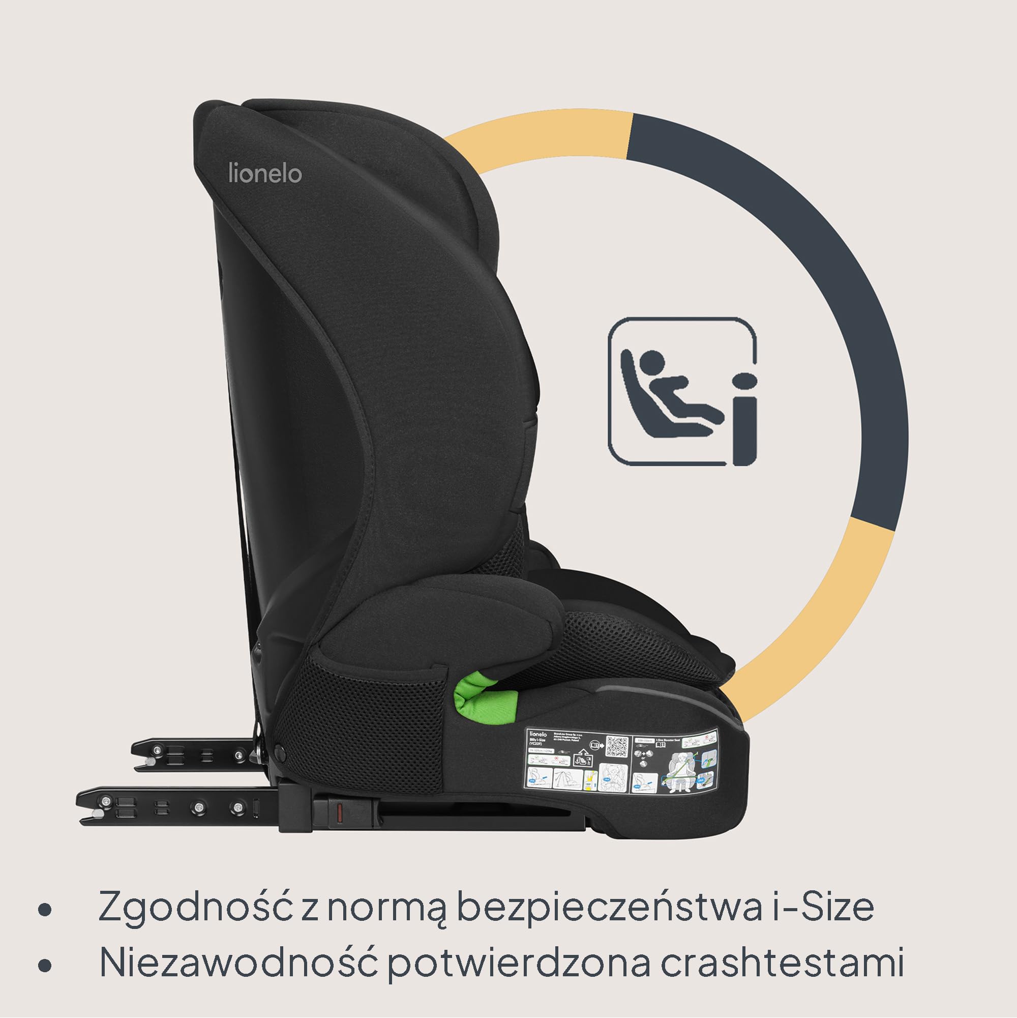 LIONELO Fotelik samochodowy Billy i-Size dla dzieci 76-150 cm (15 miesięcy – 12 lat) montaż na pasku lub na pasku, 10-pozycyjny zagłówek, ochrona boczna, górny pasek mocujący, 5-punktowa uprząż z