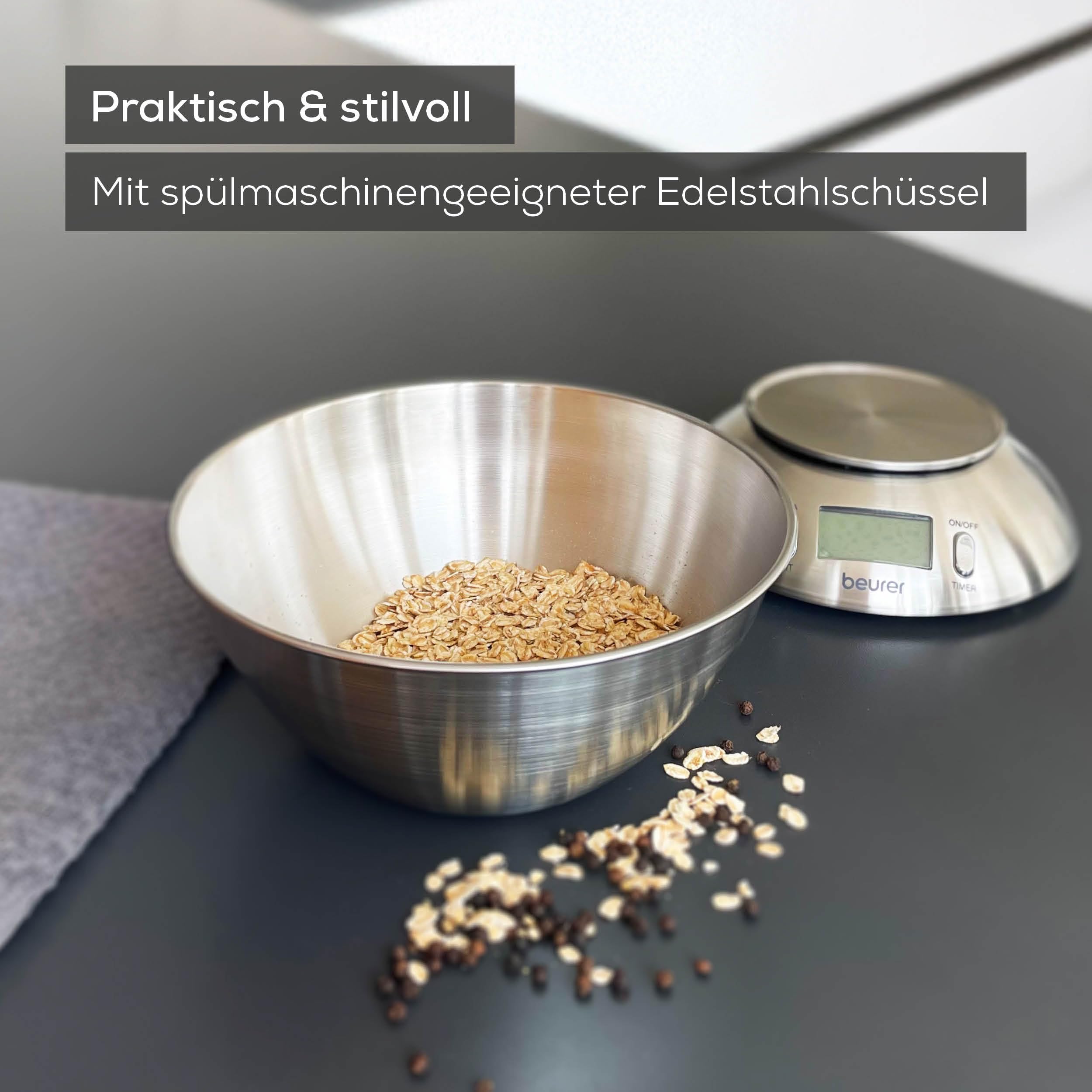 Beurer KS 54 Küchenwaage, mit Edelstahlschüssel, 1,5l Fassungsvermögen, Tragkraft bis 5kg, Haushaltswaage, Schüssel spülmaschinengeeignet, Waage zum Kochen, Backen und Messen von Zutaten