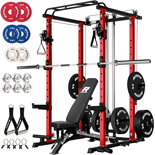 RitFit Multi-Function Garage & Home Gym Package Includes 1200LBS Power Cage PPC03/P3 with Cable Crossover System, Weight Bench, Olympic Barbell Weight Set, Full Body Workout