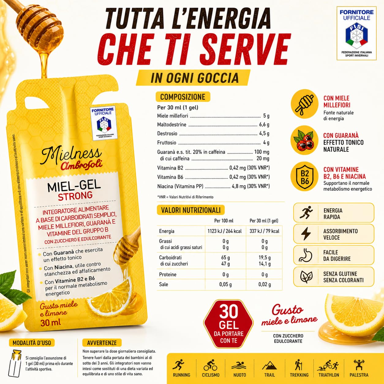 Ambrosoli Miel-Gel Strong, Gel Energetico Miele Limone e Guaranà x30