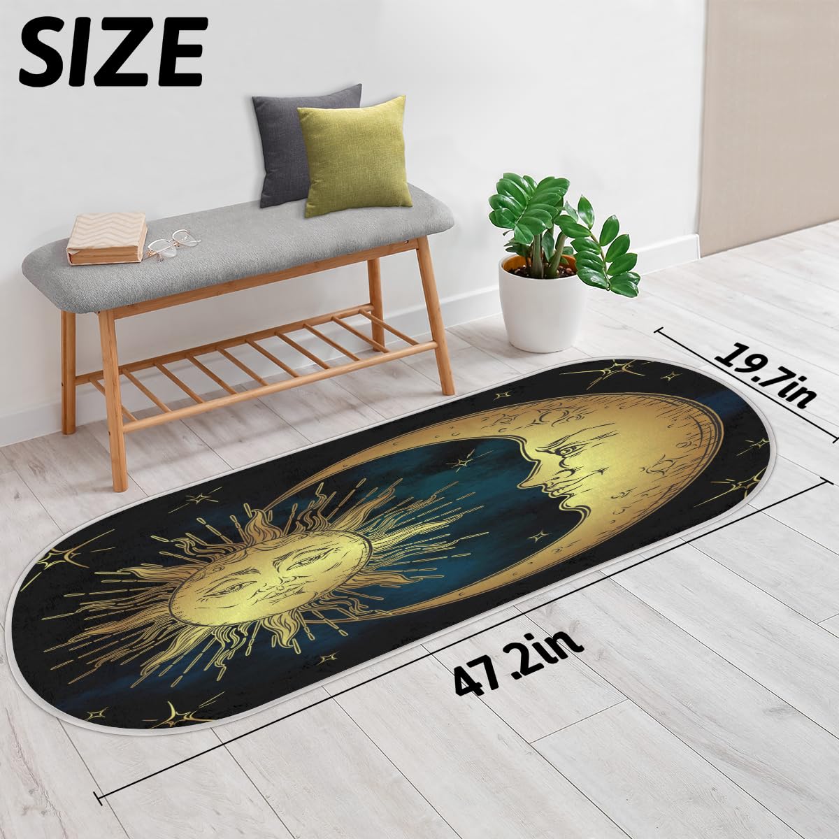 TropicalLife Antyczny boho słońce księżyc dywanik mata 50 x 120 cm, boho długie włosy pogrubiony obszar dywaniki do pokoju kuchni domu łazienki wewnątrz antypoślizgowa mata podłogowa dywaniki