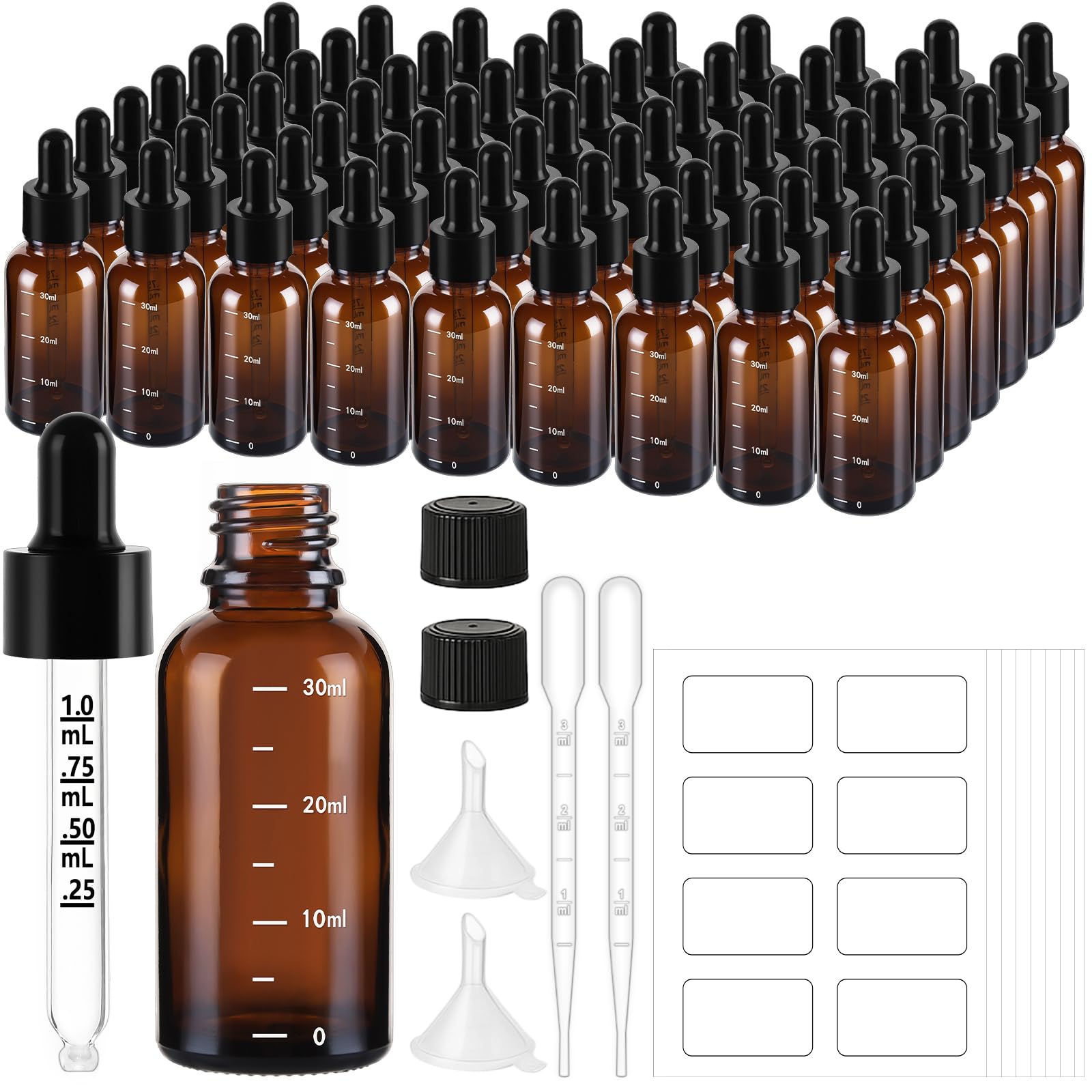 UPBUD 63 Pcs 1oz Amber Glass Dropper Bottles with Measurement, 30ml Leakproof Tincture Bottles with Funnels, Eye Droppers, Extra Caps & Labels,