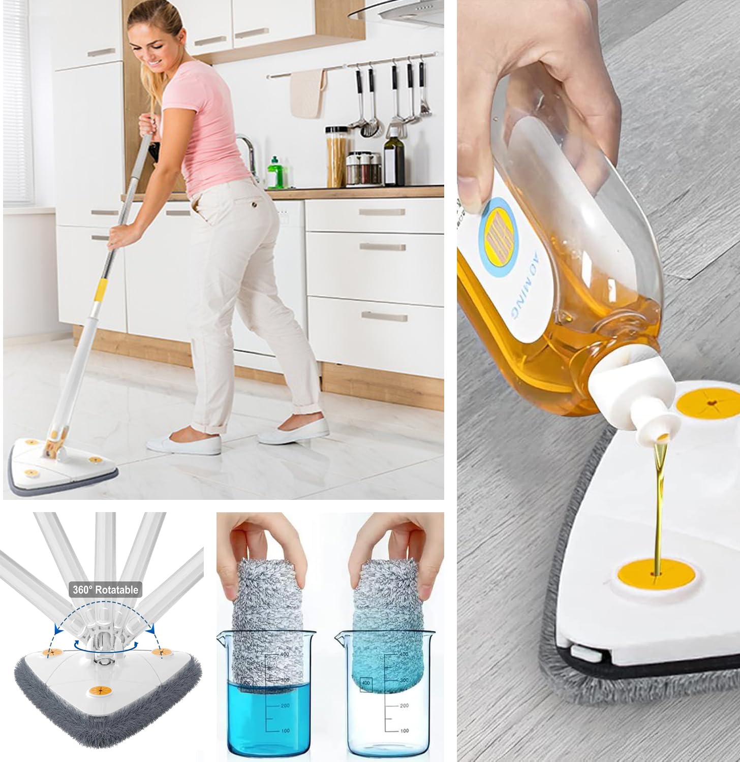 Mop bianco triangolare girevole 360 per pulire piastrelle e pareti, mocio autogocciolante in microfibra, appendiabiti, 3 panni, spazzola per guarnizioni, manuale e trucchi. Mop per soffitti e