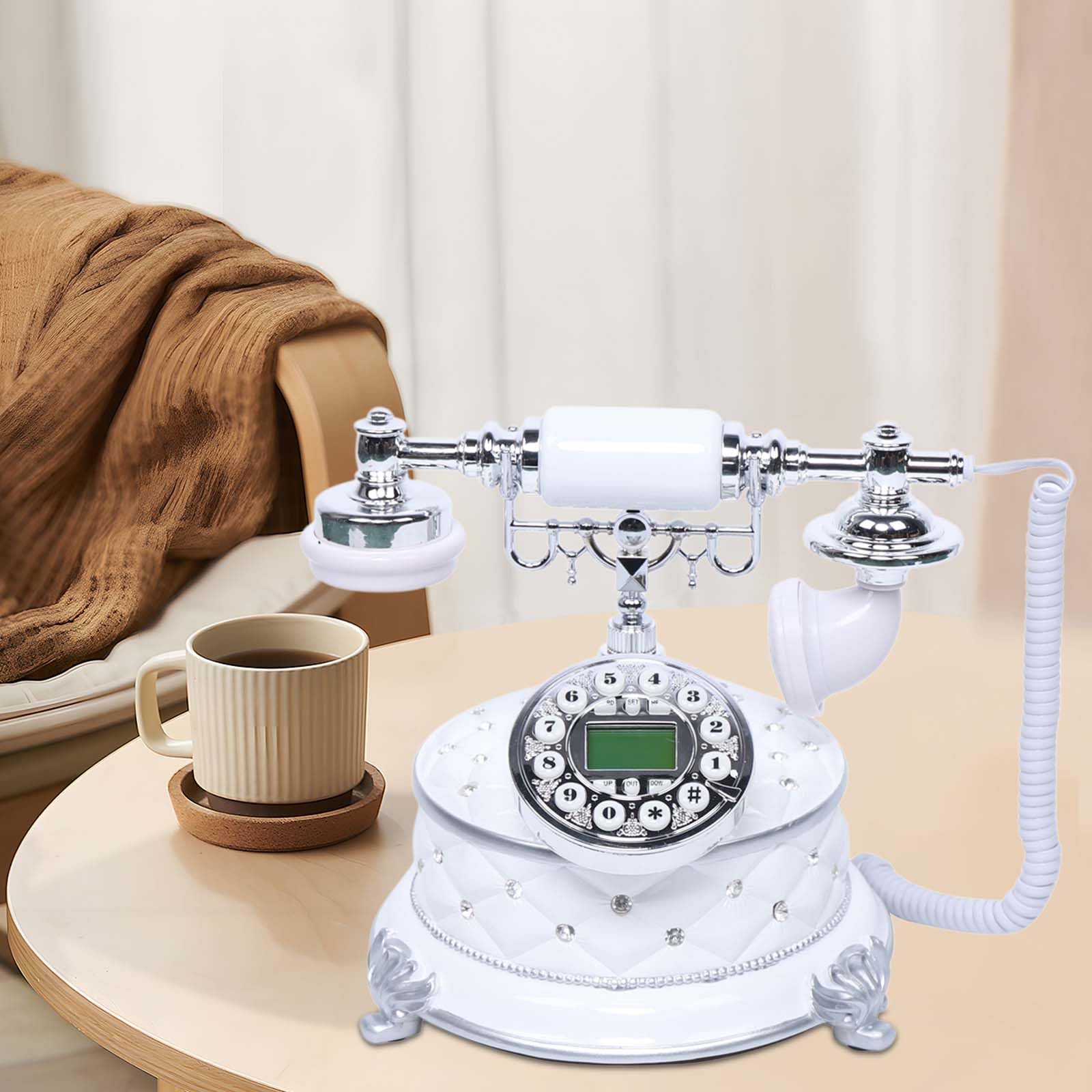 Telefon stołowy w stylu vintage, antyczny telefon, nostalgiczny telefon, dekoracja telefonu stacjonarnego, zegarek, żywica, dekoracyjny telefon