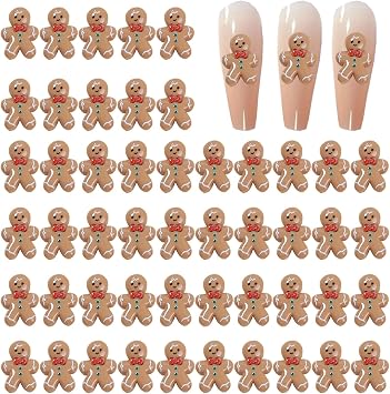 50Pcs Cute Gingerbread Man Nail Charms Christmas Nail Art Charms 3D Resin Design Mini Nail Gems Winter Cartoon Nail Jewelry Xmas Acrylic Nails Supplies for Women Holiday Manicure Decor Accessories