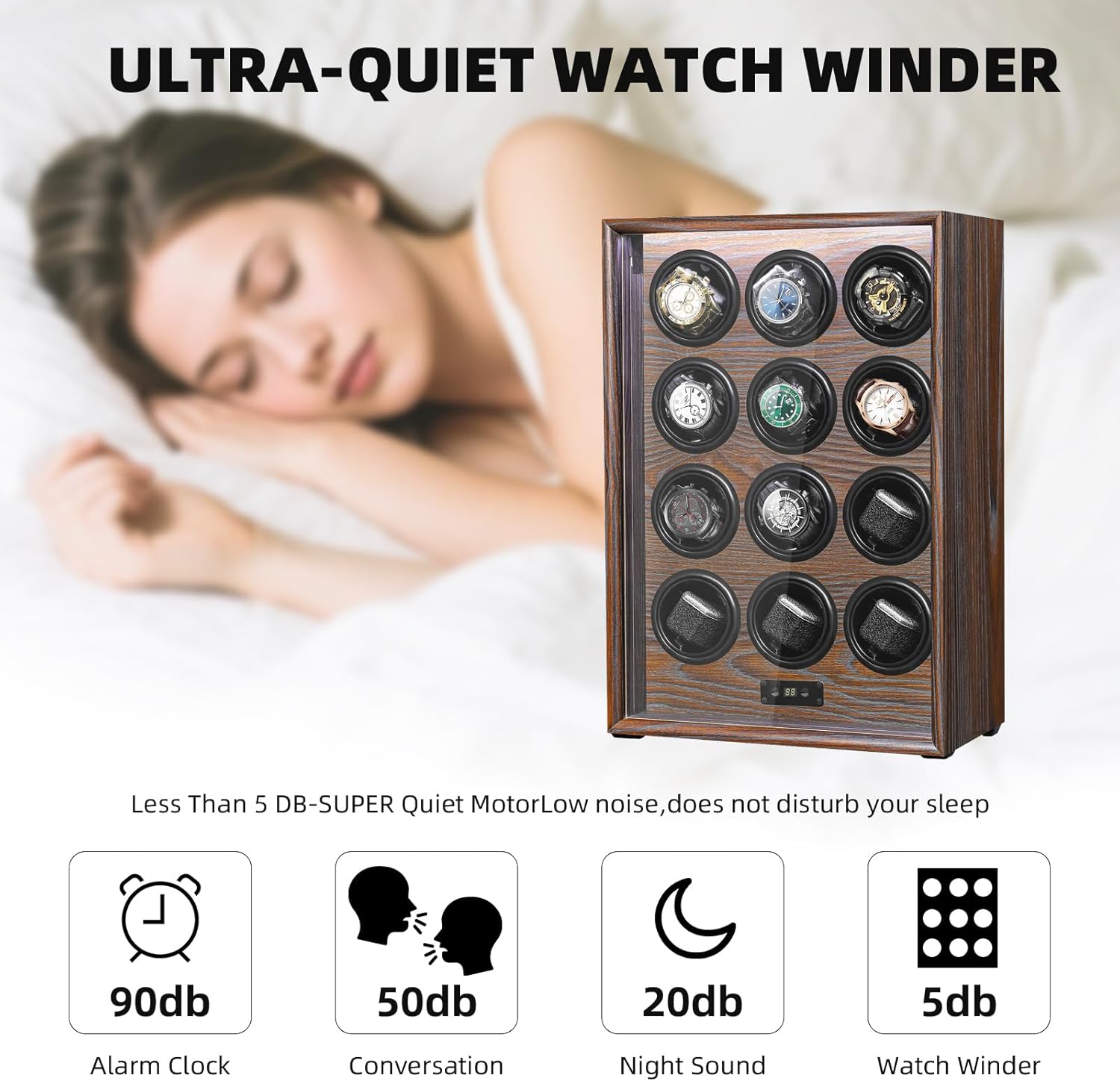Watch Winder for 4/6/8/9/12 Automatic Watches, Watch Rotator for Rolex 15 Rotation Modes Box with LED Light, Watches Winder Case AC/USB Powered Present for Men Quiet Mabuchi Motor