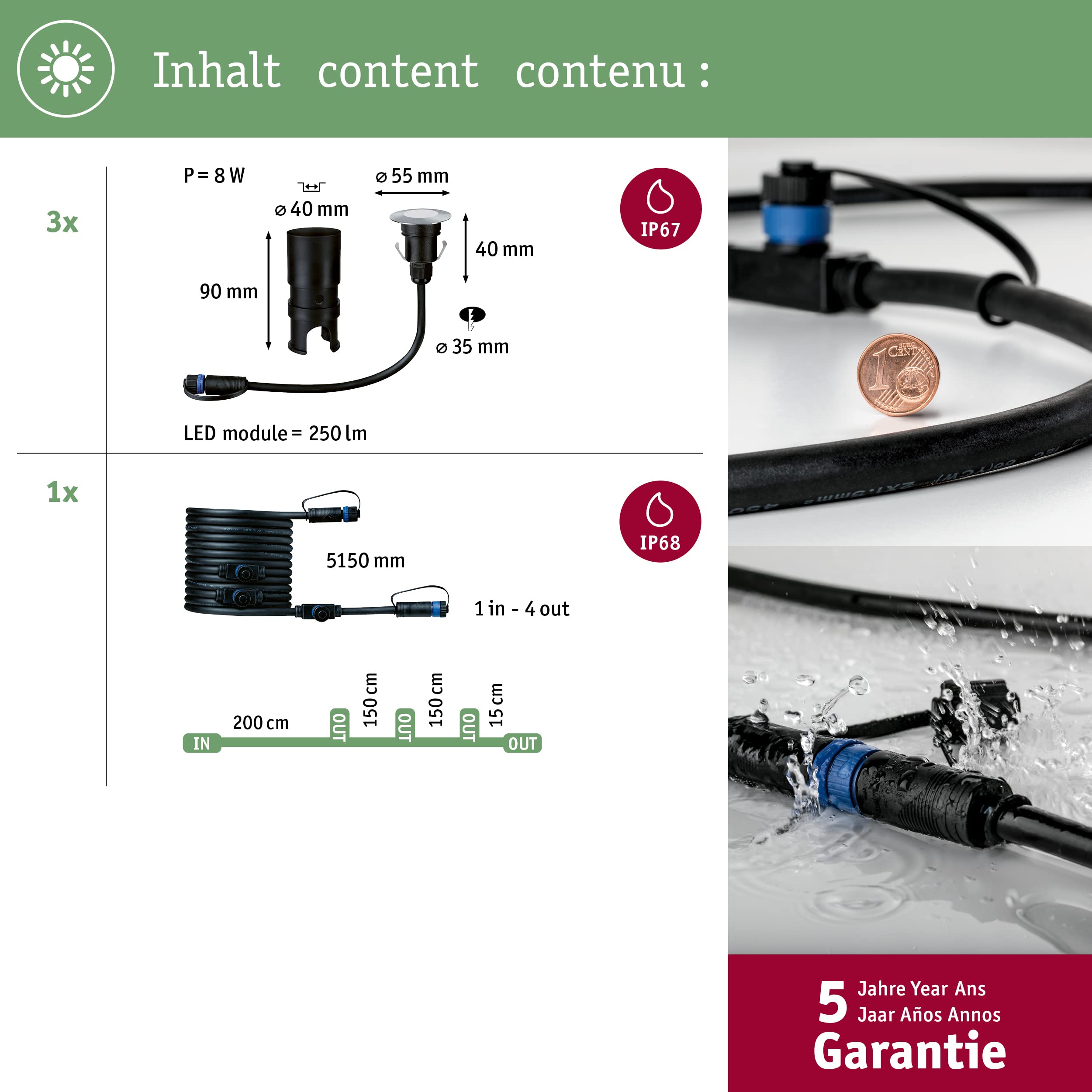 Paulmann 93949 Outdoor Plug&Shine Kit encastrés sol LED, IP67, 3000K, 3x2,5W, 24V, 55 mm, Argent inoxydable, Plastique
