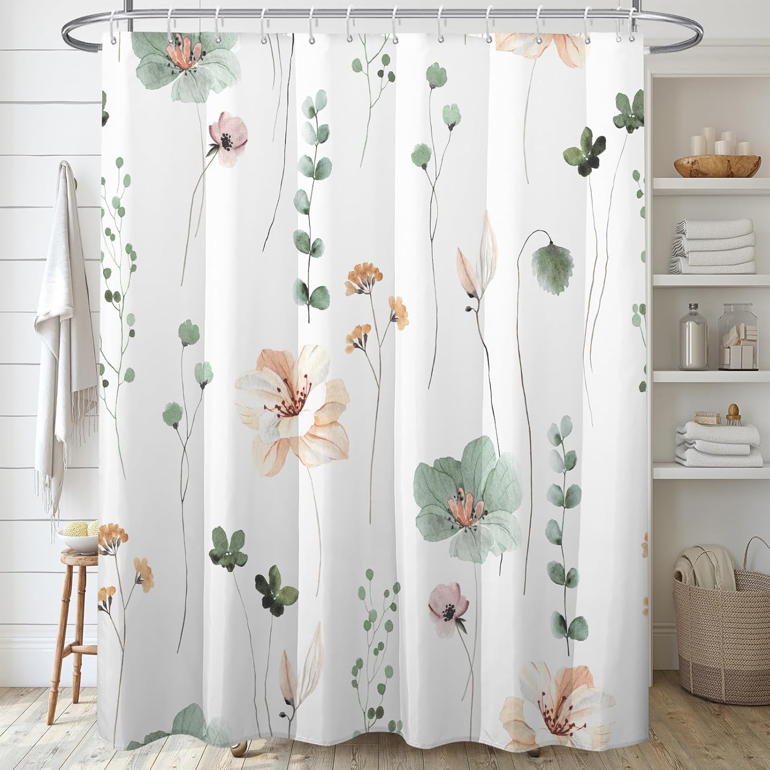 Decoreagy Watercolor Floral Shower Curtain Sets,Sage Green