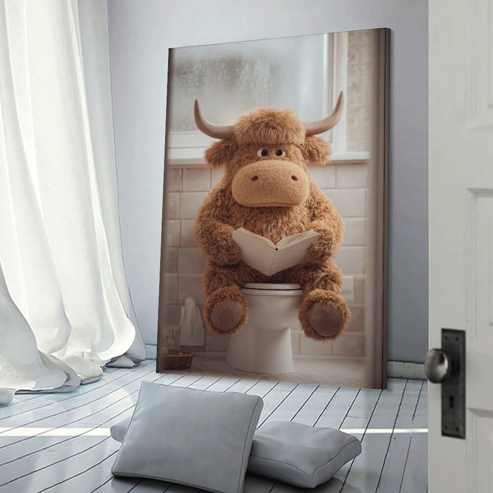 Junmoney Stuffed Highland Cow Reading on Toilet Wall Art Print 16x24inch(40x60cm), for Art Walls, Layered Displays Or Homes, Wall Decor Suited to Curated Displays