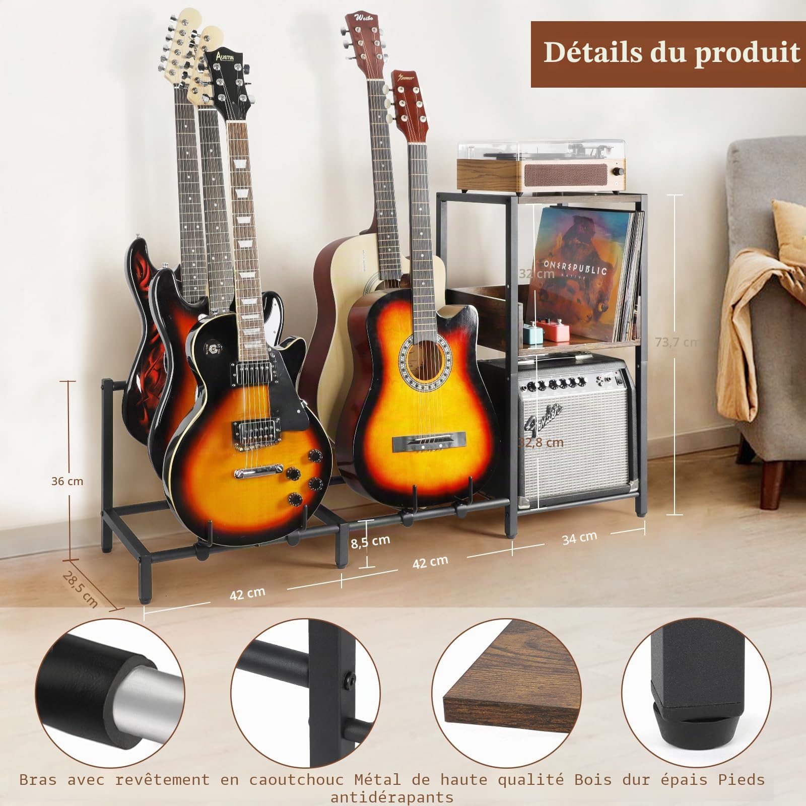 Bikoney Support Guitare à 5 Niveaux pour Guitare Acoustique, électrique, basse, Stand Guitare Support de Guitare Réglable au sol pour Plusieurs Guitares