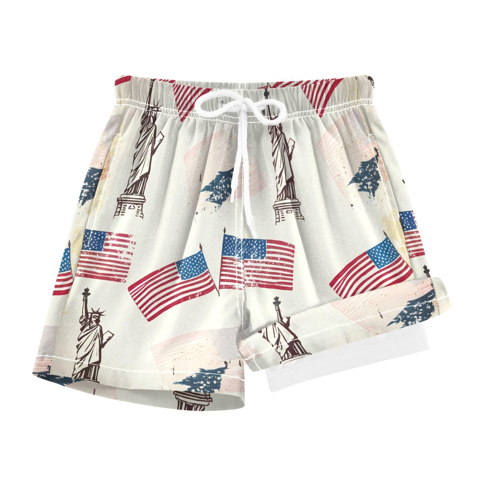 YANENDIE Boy Swim Trunks with Compression Liner American Icons Pattern Boys Swim Shorts Quick Dry Beach Shorts