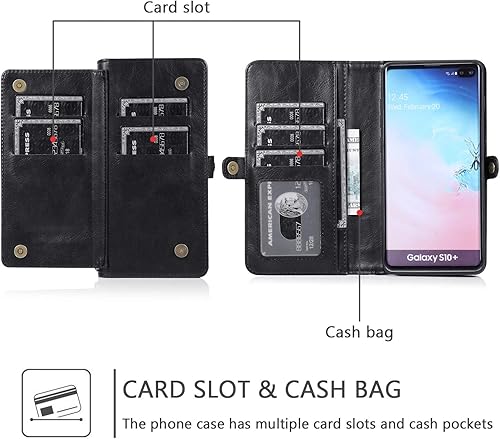 Miniatura 4 de Asuwish Funda de teléfono para Samsung Galaxy S10 Plus, funda desmontable con protector de pantalla de vidrio templado y tarjetero abatible para