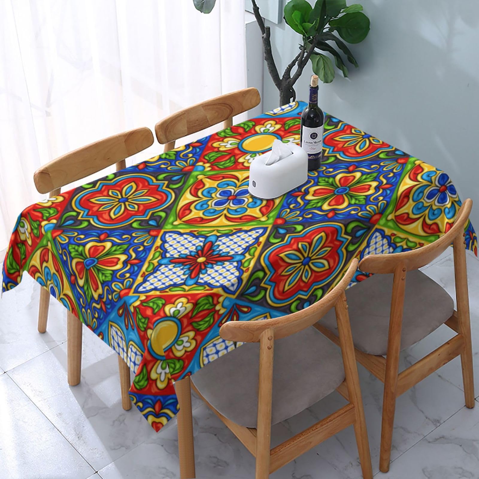 HLBSDM Mexican Talavera Ceramic Tiles Rectangle Tablecloth, Suitable for Wedding, Party and Restaurant Festival Gathering Event Polyester Fabric Decorative Tablecloth(54x72in)