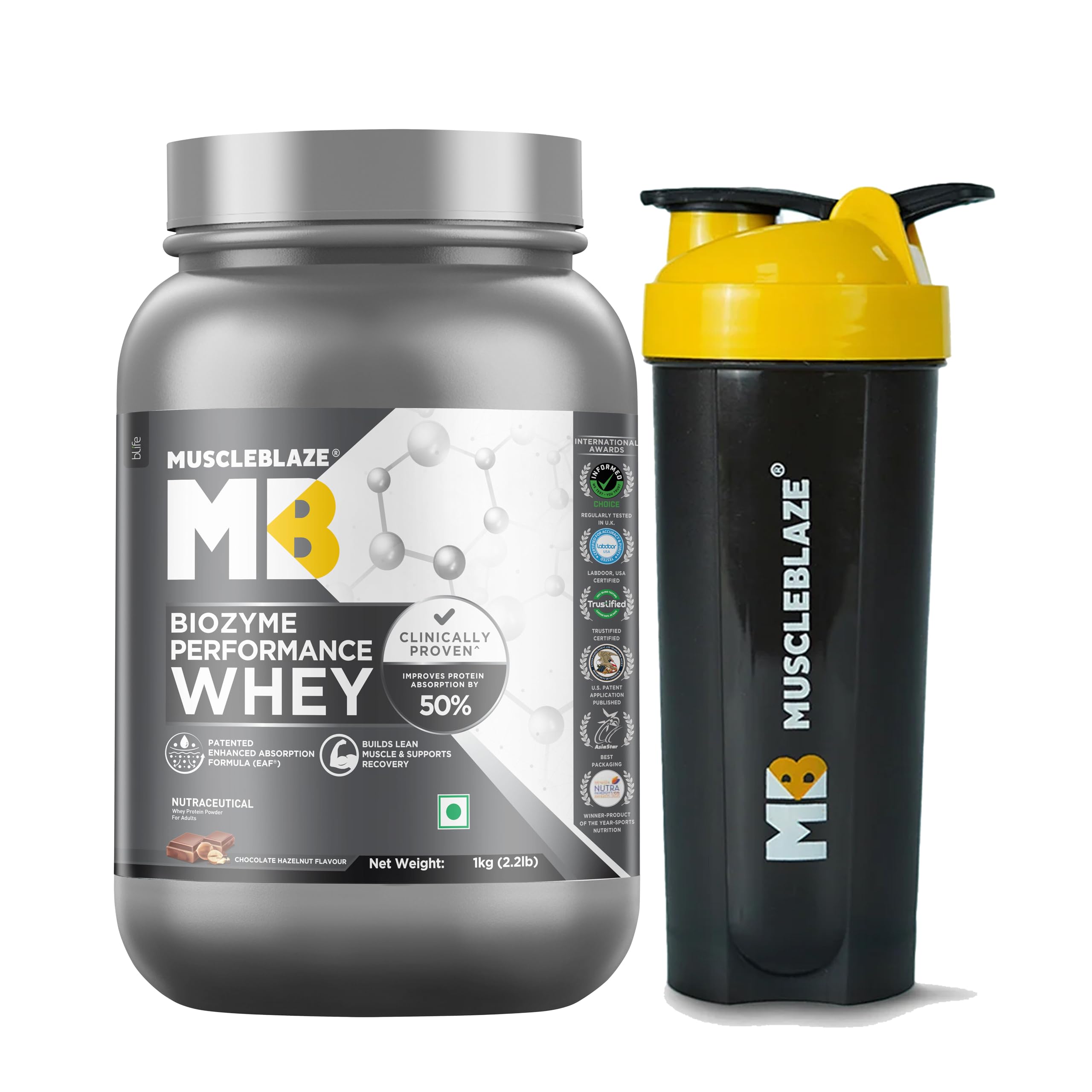 MuscleBlaze Biozyme Performance Whey Protein Powder, Chocolate Hazelnut (1kg / 2.2lbs) with Shaker | Pack of 2 | Clinically Tested 50% Higher Protein Absorption