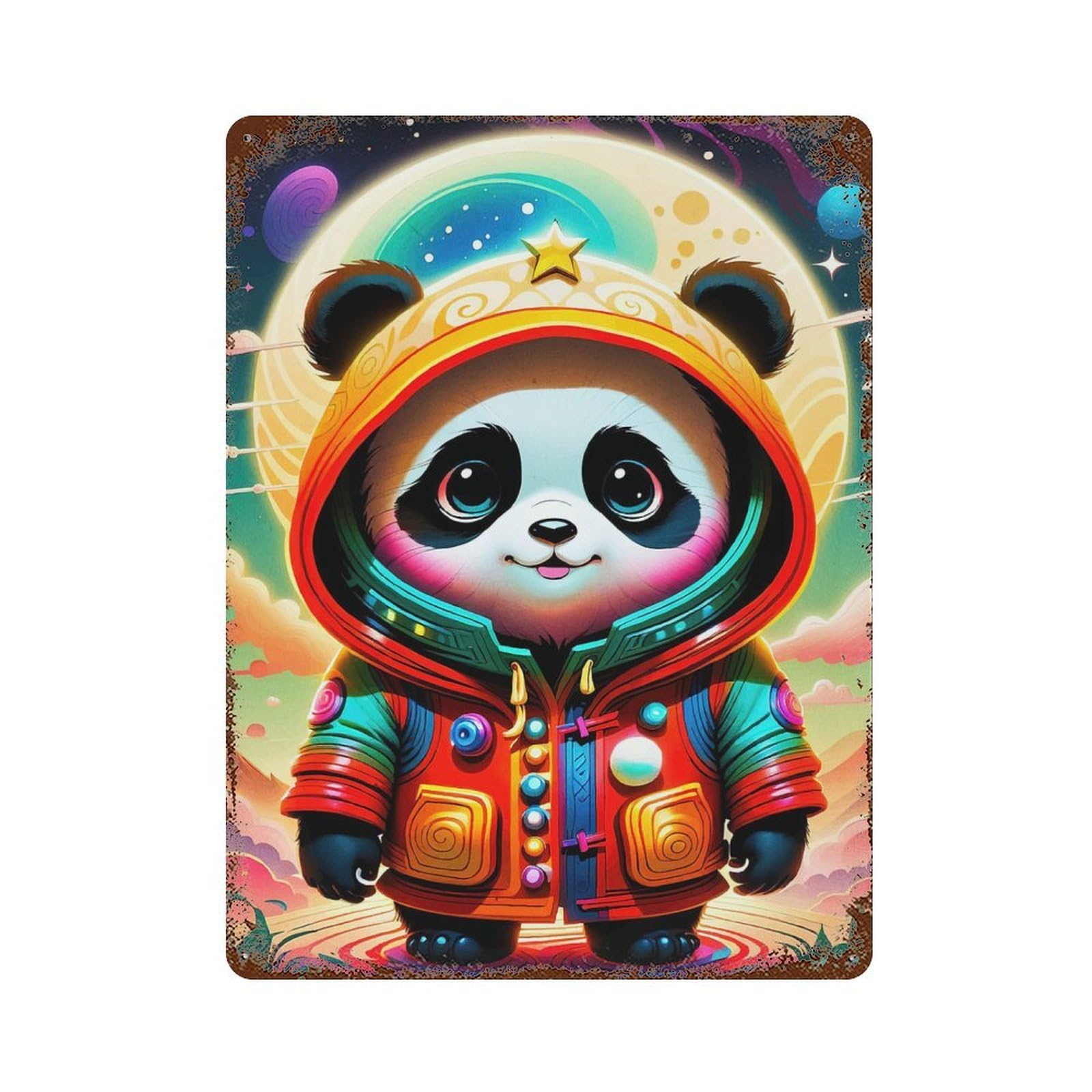 Cute Panda Space Hoodie Aged Metal Wall Plaque 15.7"x11.8", for Living Room, Hallway And Home Decor, Shabby Chic Decor