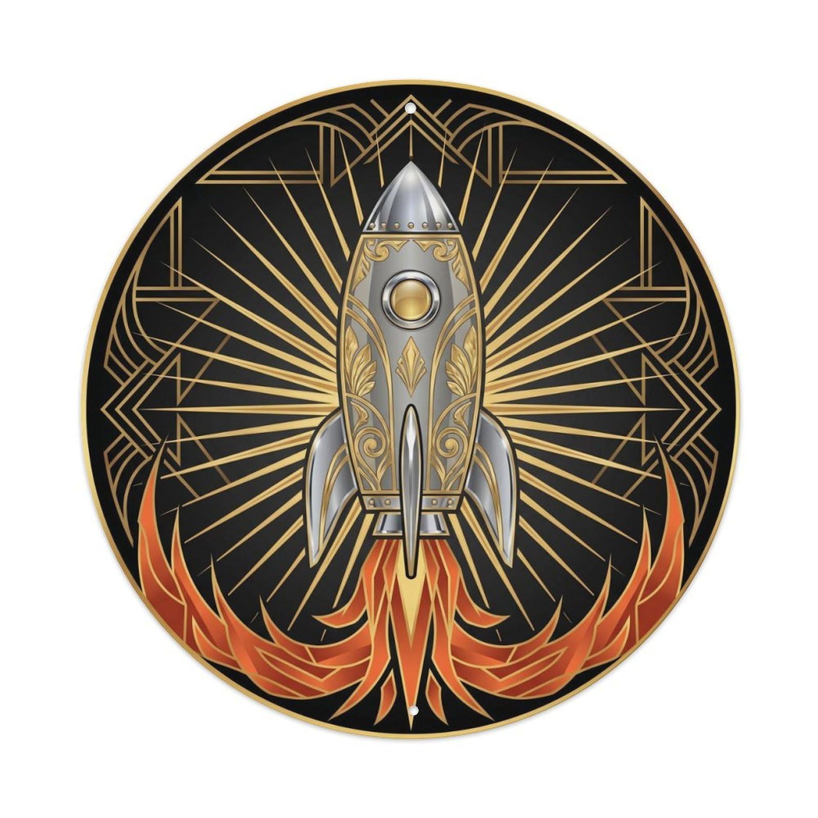Rocket Ship Space Deco Style Retro Sci Fi Cosmic Launch Metal Tin Sign Plaque Wall Decor for Cafe, Man Cave, Club Bar, Office, Home Garden Round Metal Poster 8x8Inch