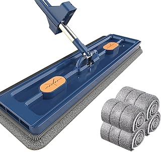 Large Flat Mop, New Upgrade Style Large Flat Mop, Magic Mop 360 with Dewatering Scraper, Rotatable Adjustable Mops for Floor Cleaning Microfiber Mop Self Wringing, Wet and Dry Flat Mop (Blue)