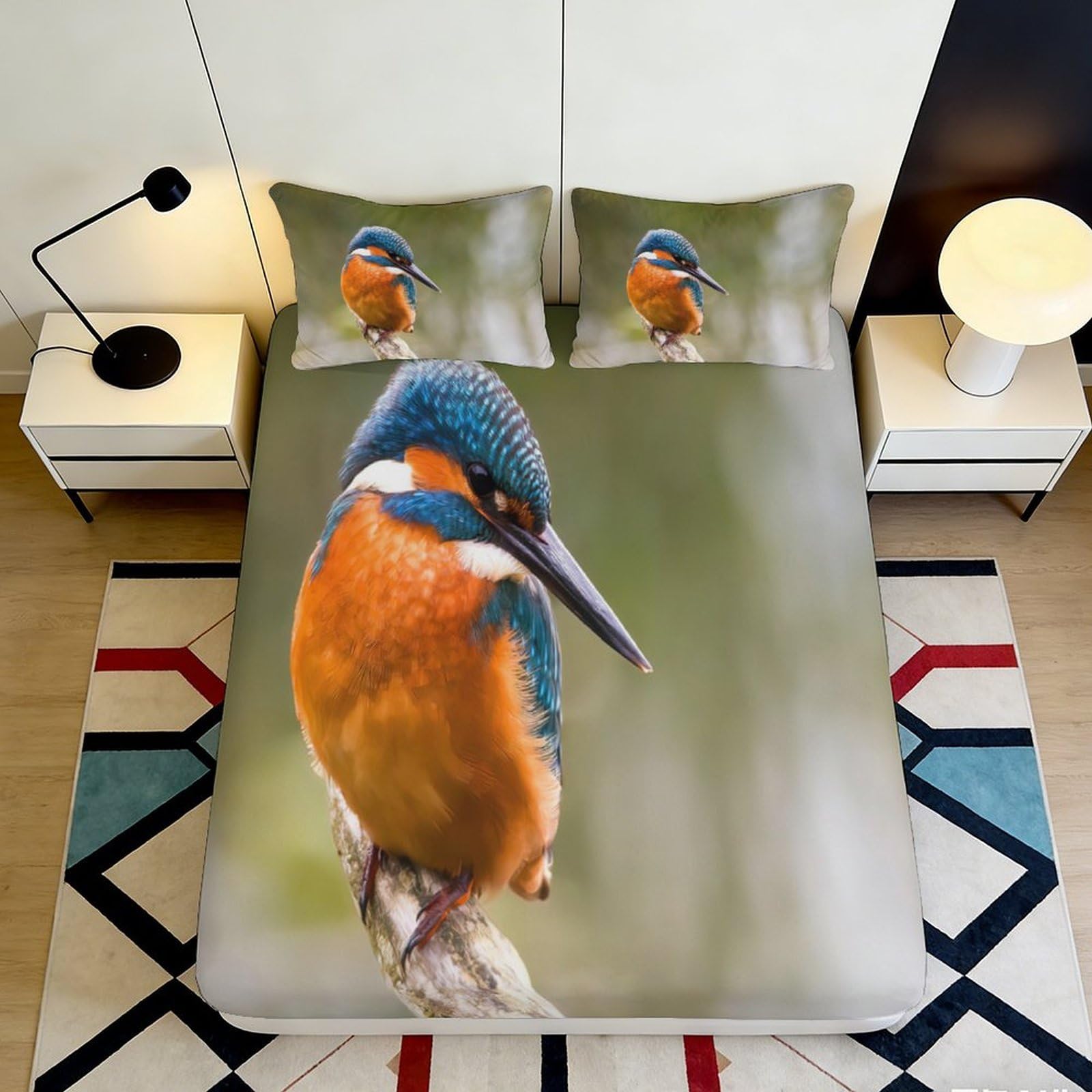3D Printed Kingfisher Bird Fitted Sheet Microfiber Soft Breathable Forest Bed Cover for Bedroom Guest Room Mattress Decor 90x200x25cm