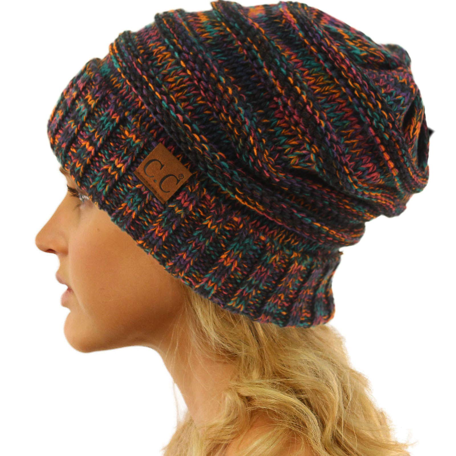 CC Winter Trendy Warm Oversized Chunky Baggy Stretchy Slouchy Skully Beanie Hat (Mix Black Multi)