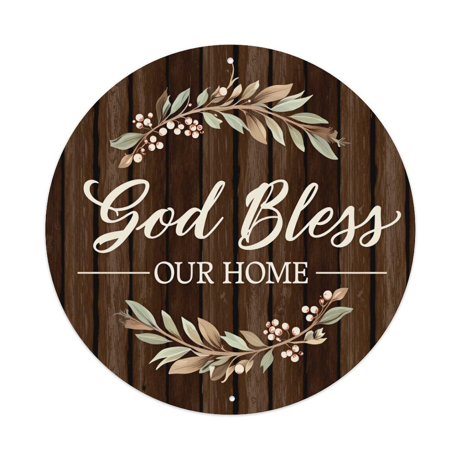 God Bless Our Home Wreath Round Tin Sign Vintage Metal Poster, Home Bar Garage Man Cave Cafe Indoor & Outdoor Wall Decoration 8x8Inches
