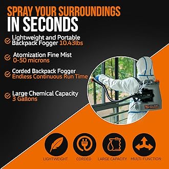 SuperHandy Fogger Machine Disinfectant Corded Backpack Mist Duster ULV Sprayer 3GAL 1-15GPH Mist Blower Adjustable Particle Size 0-50um/Mm with Extended Commercial Hose and Spray Nozzle
