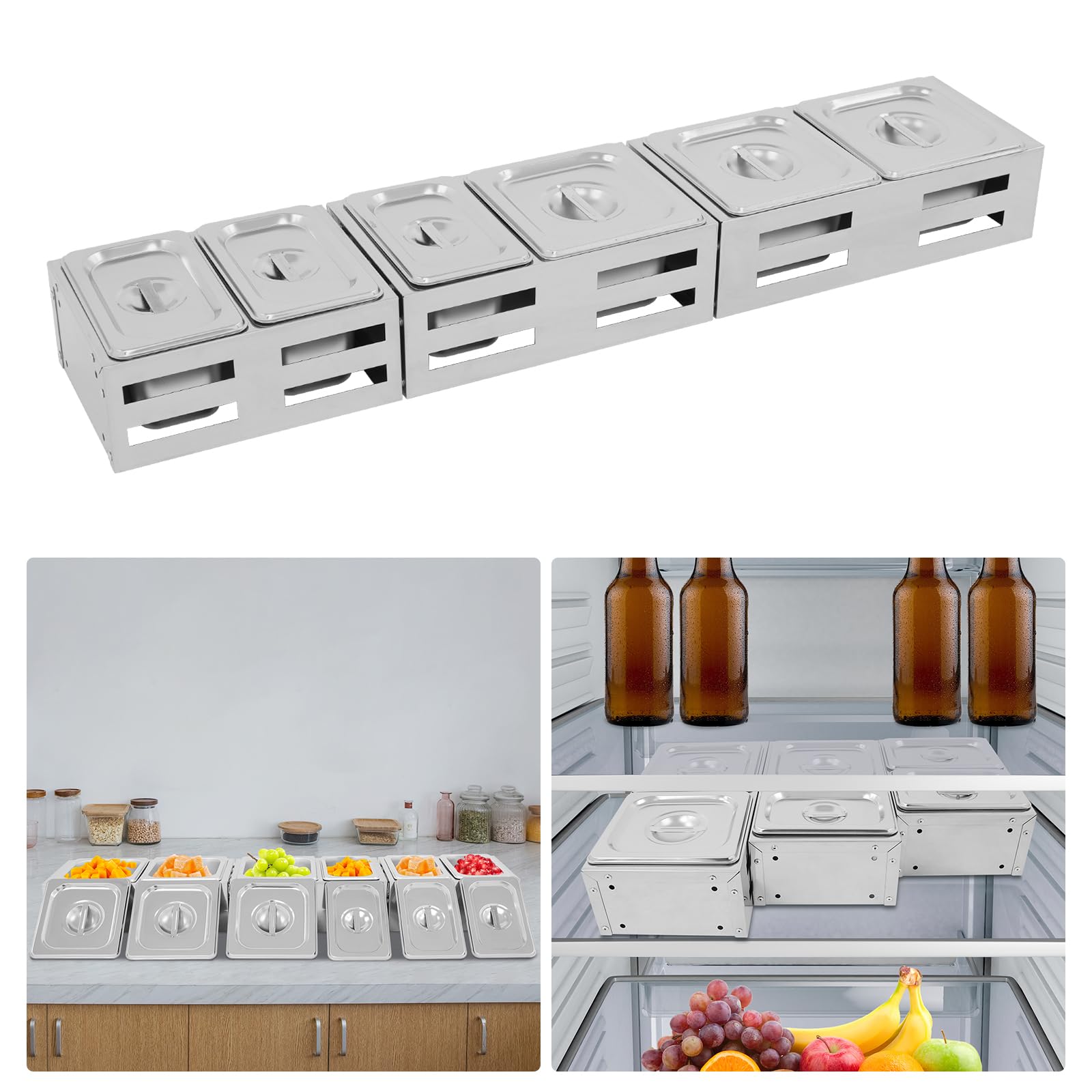 Lot de 6 pots à épices en acier inoxydable avec étagères et couvercle, pour le stockage du sucre, du sel, des sauces, du vinaigre, 11 x 17,5 x 6,5 cm/16,5 x 17,5 x 6,5 cm