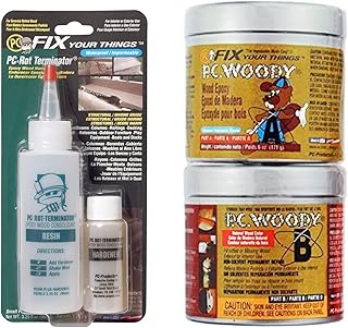 PC Products Wood Repair Epoxy Paste and Wood Hardener Kit, PC-Woody 6 oz and PC-Rot Terminator 3.5 oz, Tan, 6 oz Woody & 3.5 oz Rot Terminator Kit (03060)