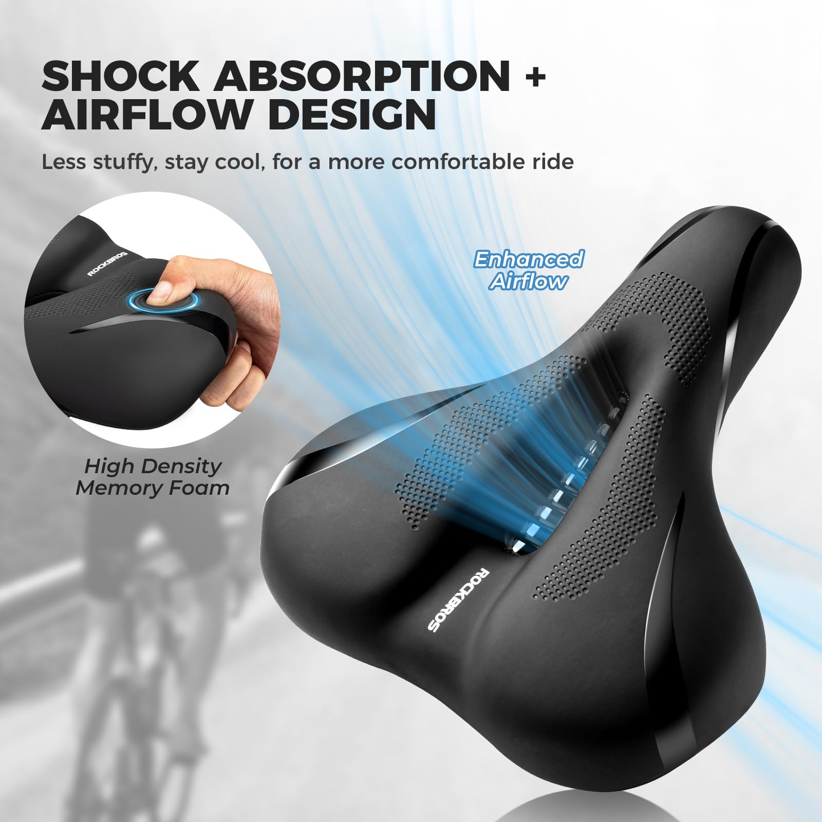 ROCKBROS Siodełko Rowerowe Wygodne Siodło Rowerowe Ergonomiczne Szerokie Siodełko Kolarskie Wodoodporne Oddychające Amortyzujące Żelowe dla Kobiet Mężczyzn Siodełka do Roweru Miejskiego/Górskiego