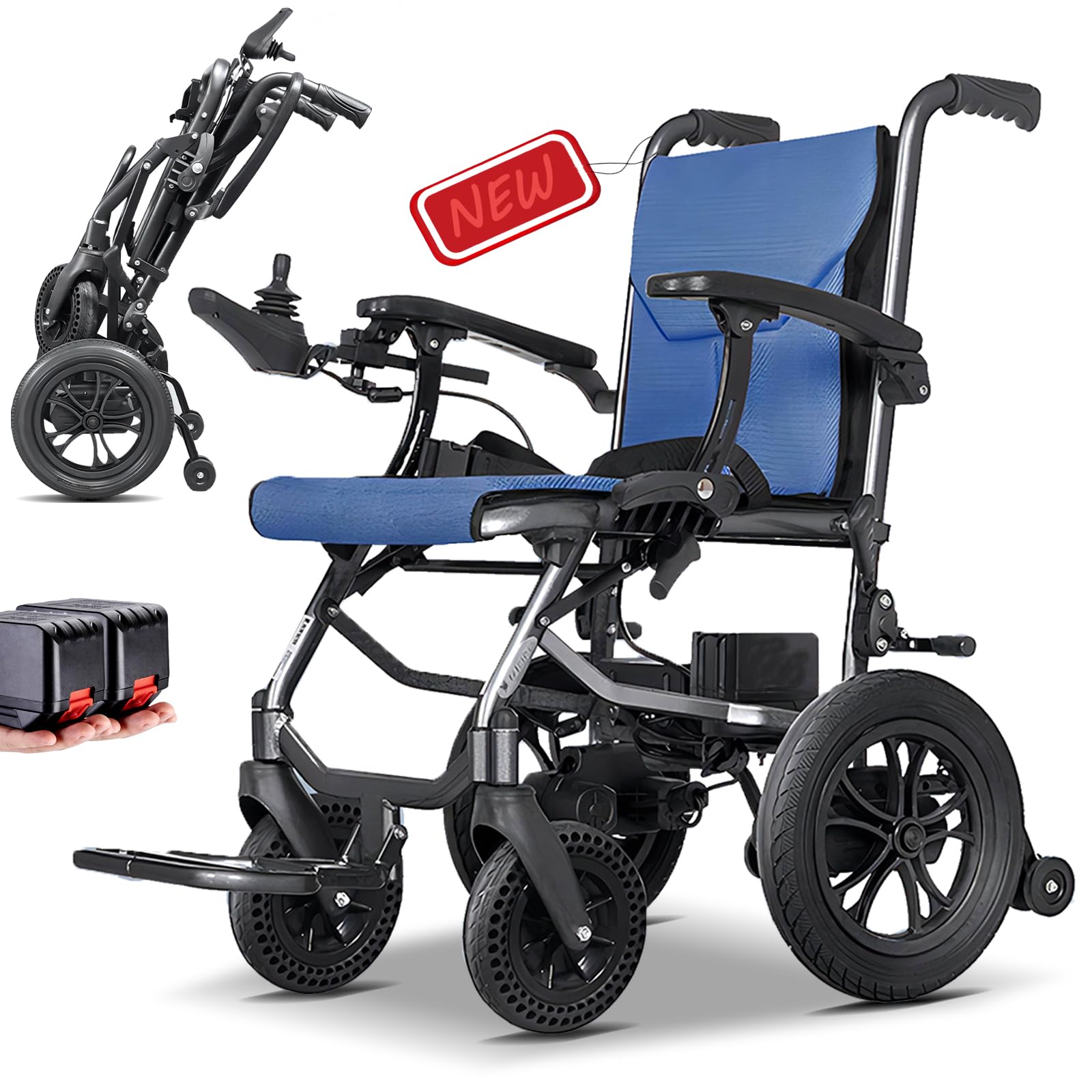 Ultralekki elektryczny wózek inwalidzki, składany, 14,5 kg, zasięg 20 km, nośność 150 kg, bateria litowa, certyfikat Airline, idealny dla seniorów i podróży, niebieski