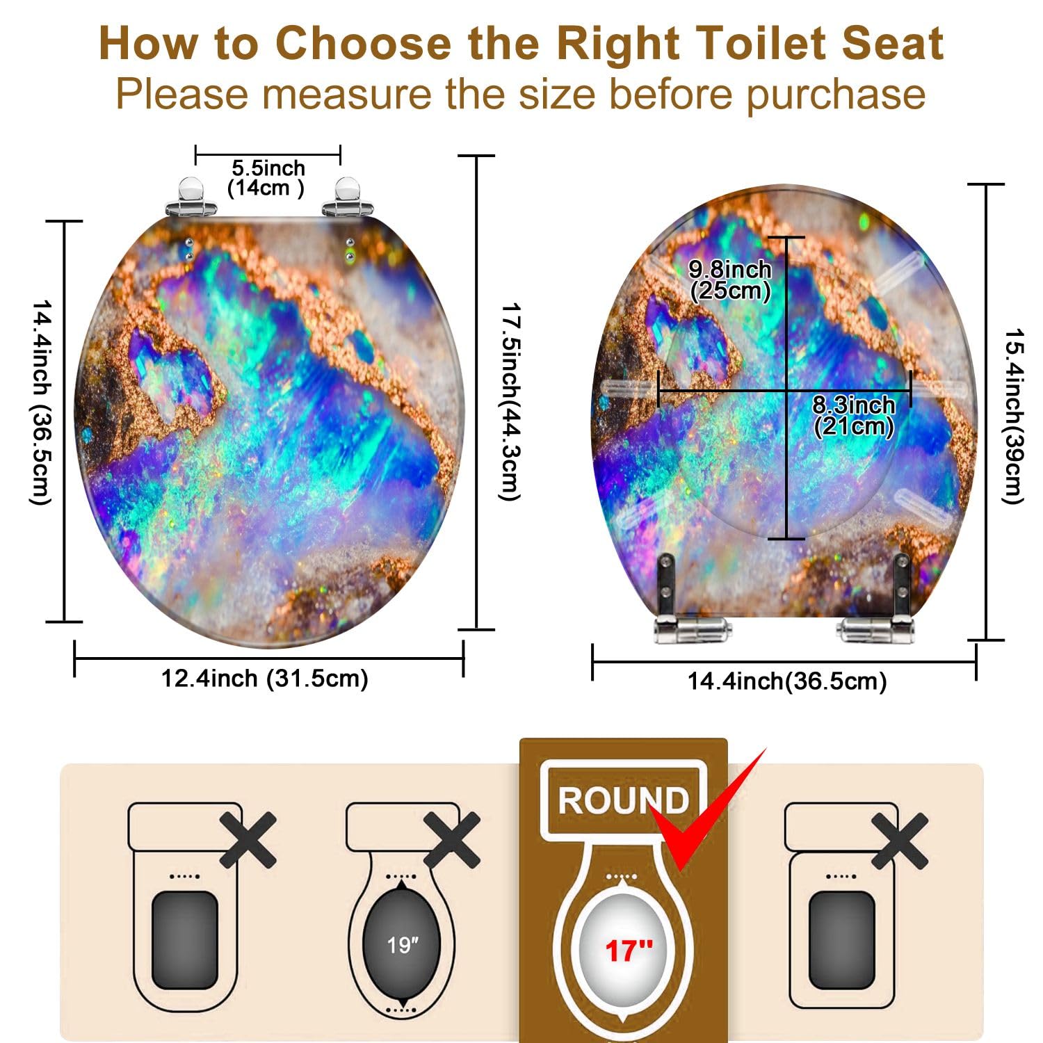 Asiento de inodoro redondo de resina con tapa y bisagras de liberación rápida para baño.
