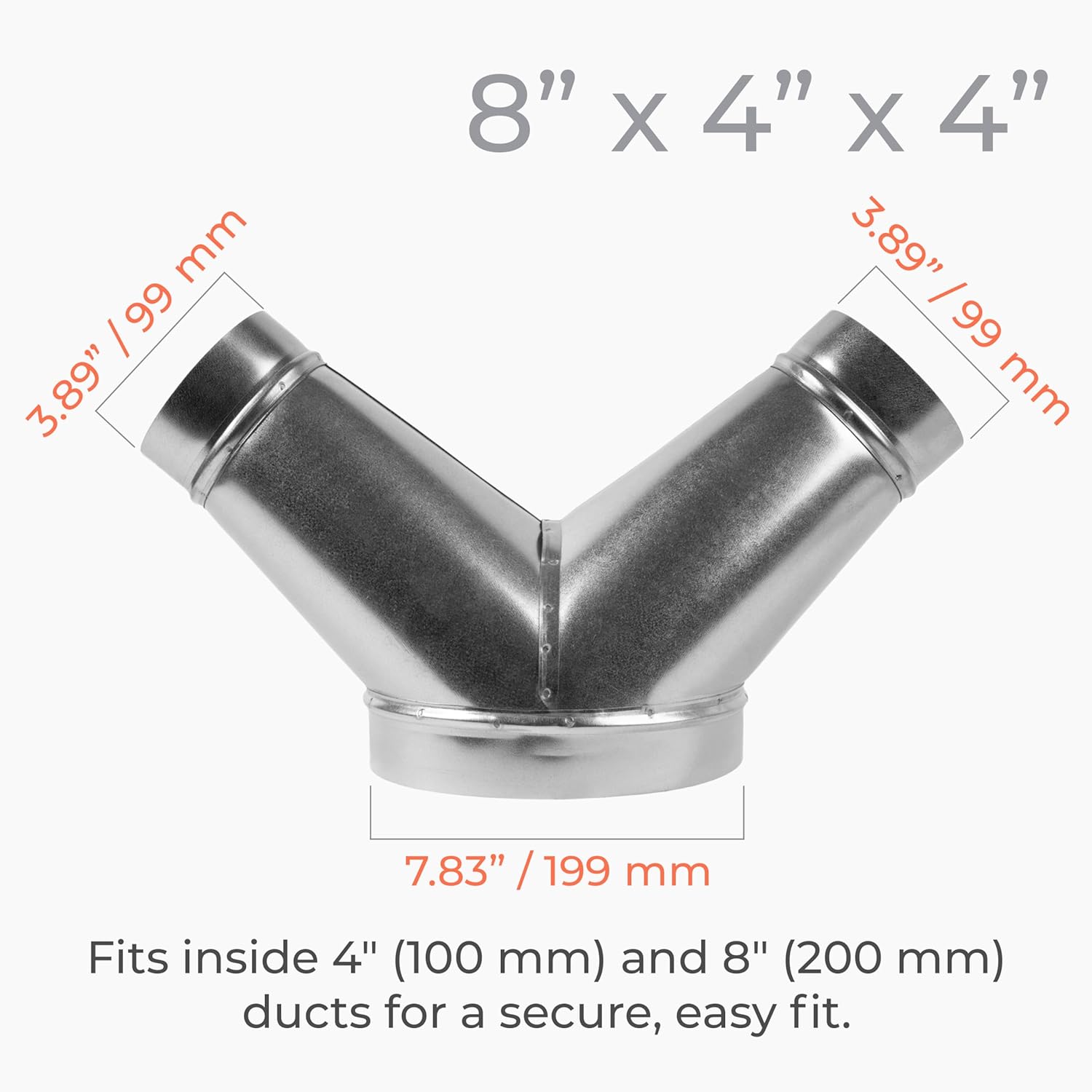 45° Degree Ø8 x 4 x 4 Inch Y Shape Duct Splitter - Metal 3 Way Connector - Galvanized steel - Duct Adapter - for Dryer Vent, Exhaust Fan, Hose, Home or Industrial HVAC Ventilation