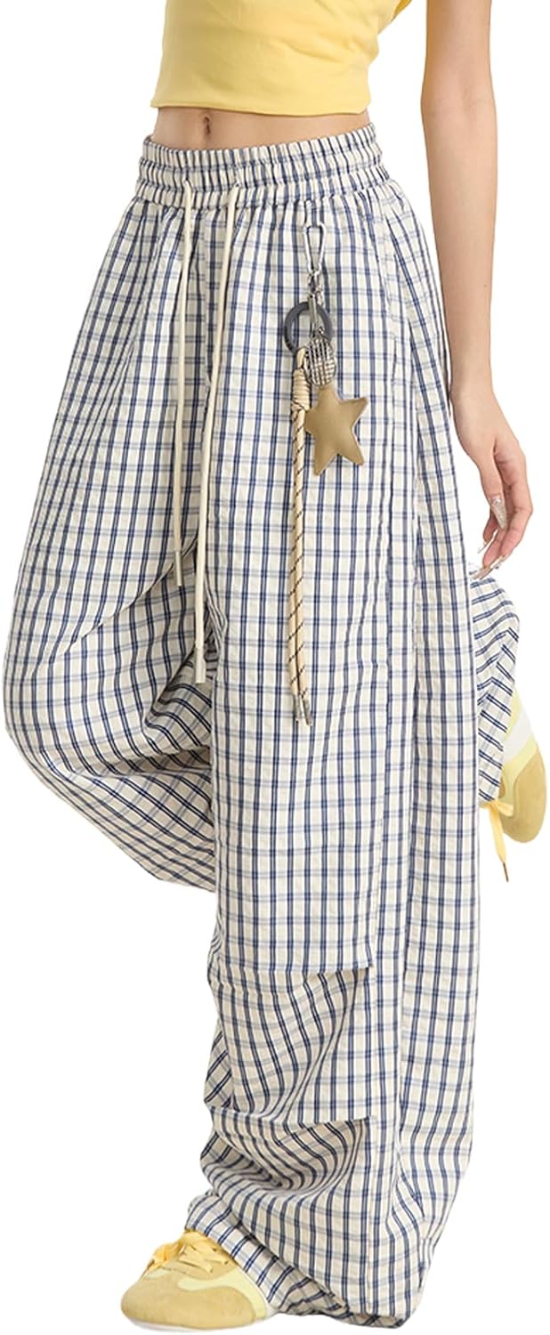Women Plaid Cargo Pants Drawstring High Waisted Wide Leg Y2K Casual Trousers Trendy Baggy Streetwear Parachute Pants - Image 5