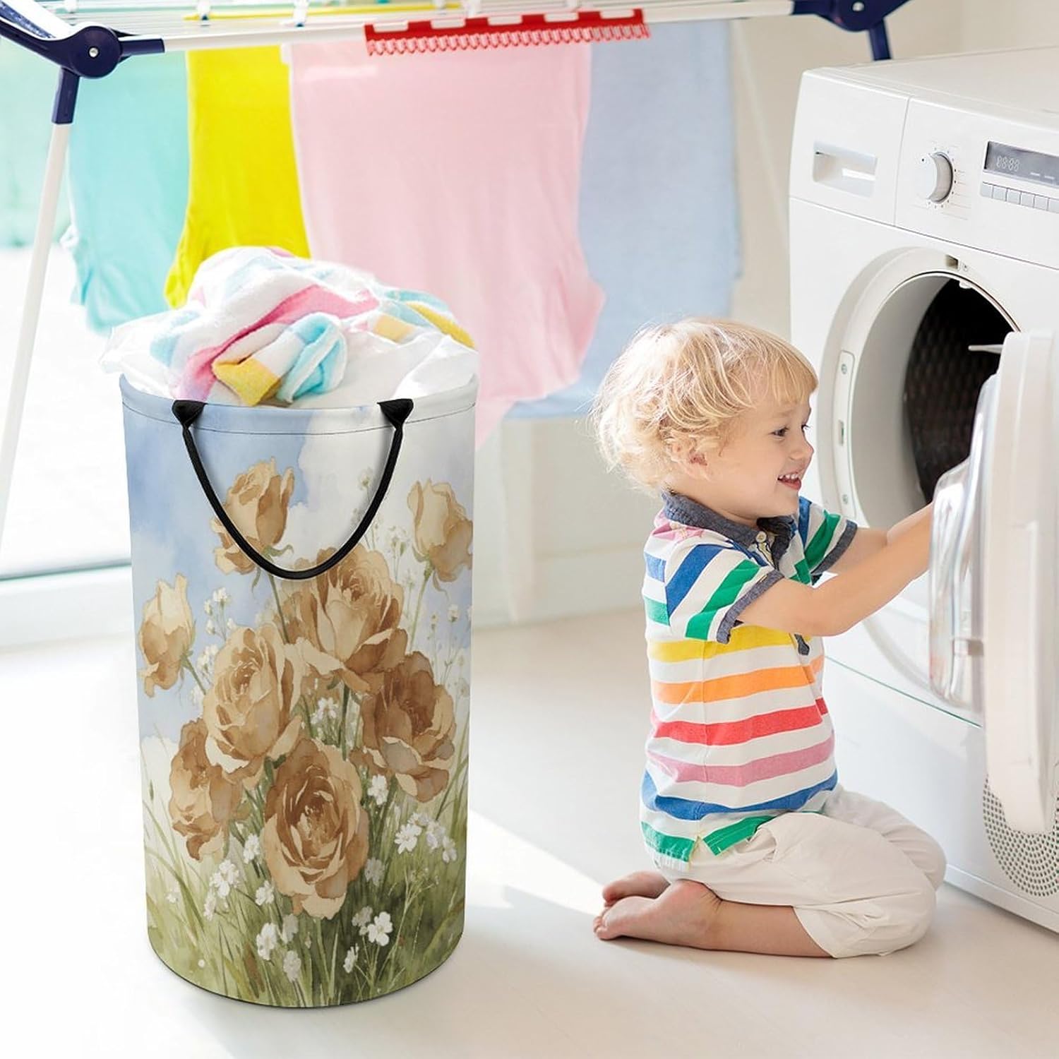 Khaki Flowers Laundry Hamper Portable Lightweight Clothes Hampers Fashion Dirty Laundry Storage Basket Large Capacity Foldable Clothes Baskets for Bathroom Bedroom