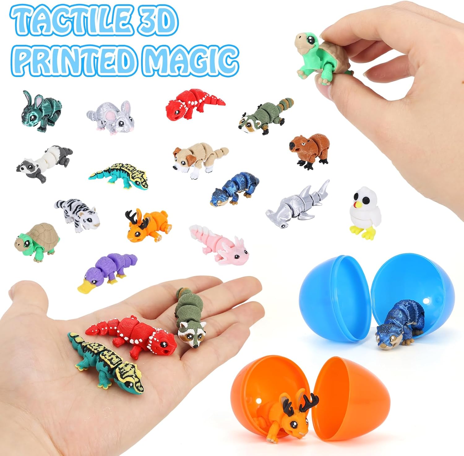 16 PCS 3D Printed Articulated Tiny Animals Easter Eggs - Surprise Mystery Eggs with Flexible Joint Creatures, Sensory Fidget Toys, Easter Basket Stuffers, Party Favors, Classroom Rewards