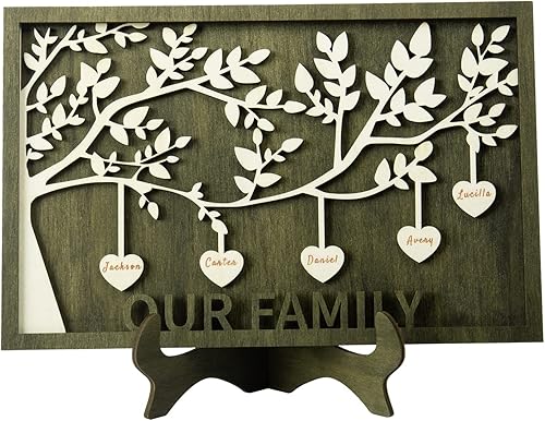 Jeweidea Placa personalizada con nombres de familia con 2-8 nombres, letrero grabado personalizado del Árbol de la Vida con soporte, regalo para
