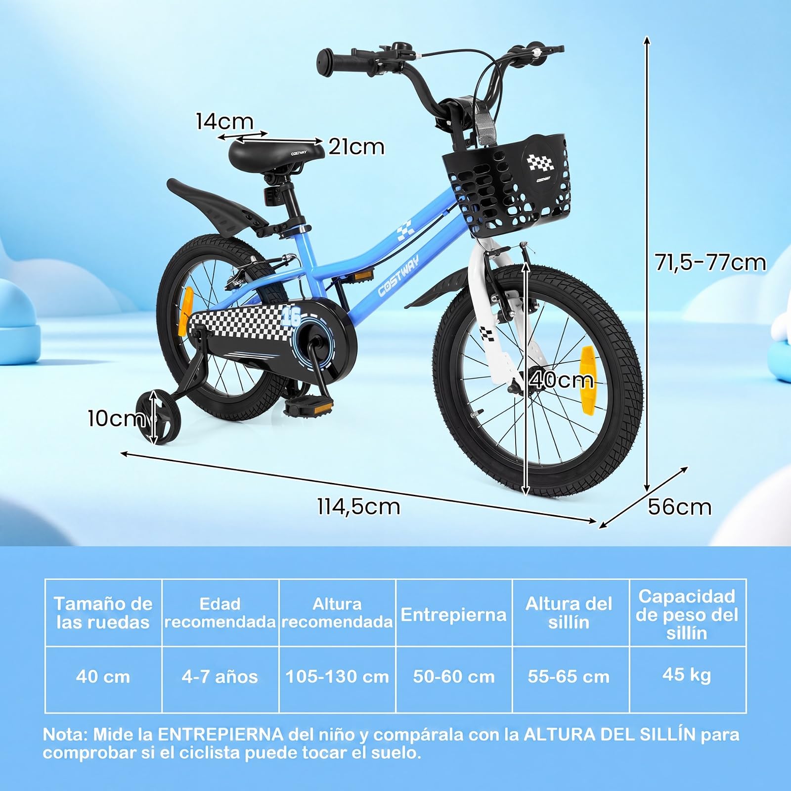COSTWAY Bicicleta Niños 14/16 Pulgadas, Bicicleta Infantil con Ruedas Estabilizadoras Desmontables, Freno de Mano y en V, Asiento y Manillar Ajustables, Cesta y Campana
