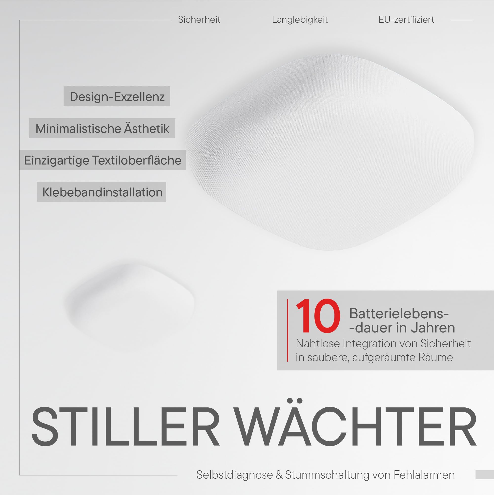 Jalo Kupu 10 Rauchmelder - 6er Pack – optischer Brandalarm für zu Hause – 10 Jahre Lithium-Batterie – skandinavisches Design – Weiß