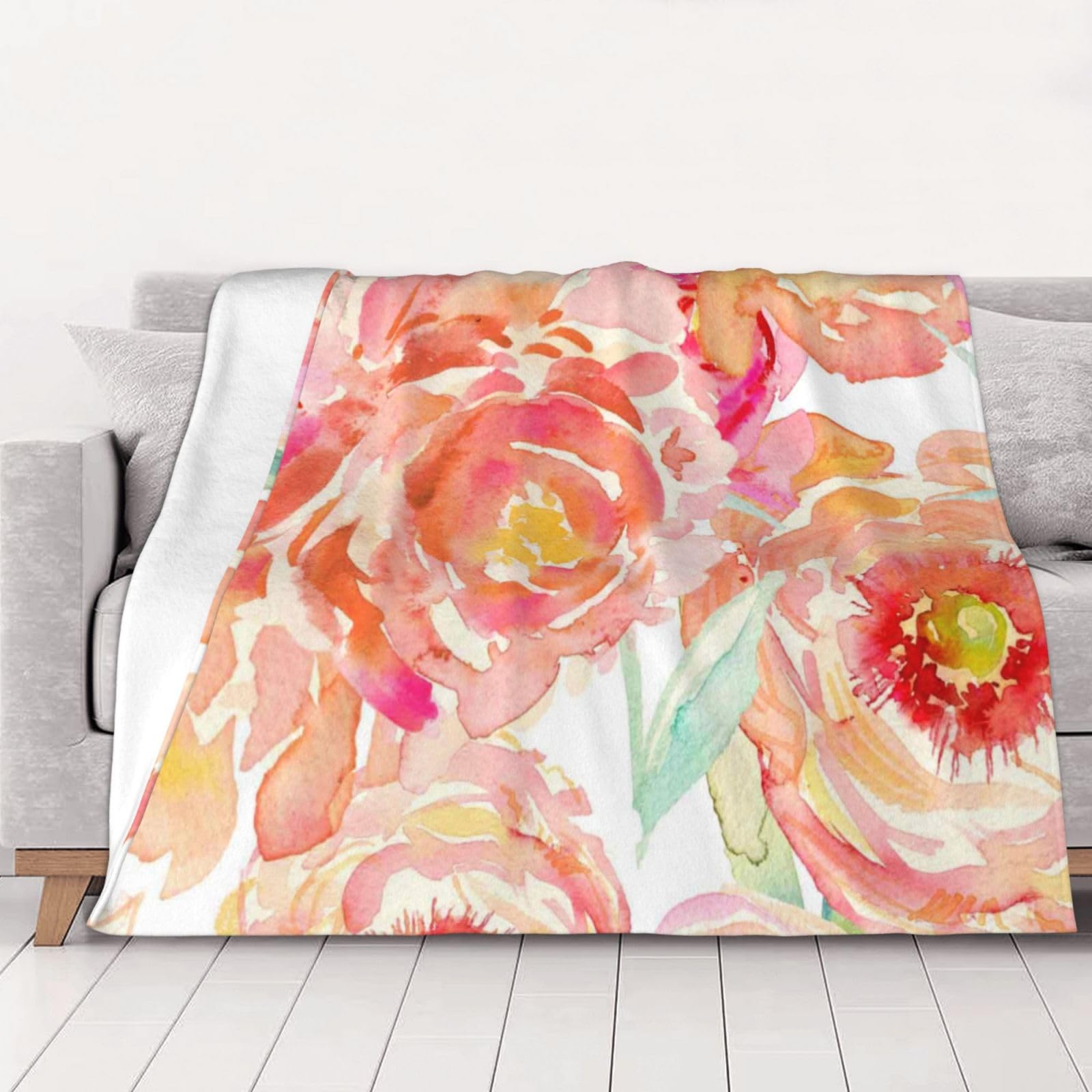 AUBKFELD Peach Peony Printed Flannel Blanket 102x76 CM, Soft & Warm Throw Blanket for Sofa/Couch/Bed/Car, Gifts for Audlts Women Men