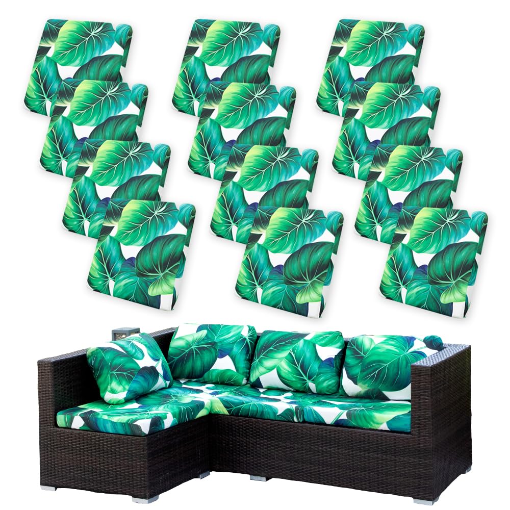 Hiseng 8/12 PCS Outdoor Patio Cushion Covers Replacement for Garden Furniture,Patio Chair Pad, Sofa Seat Cushion, 3D Tropical Leaves Florals Soft Stretch Washable Sofa Slicover (Style 2,12PCS)