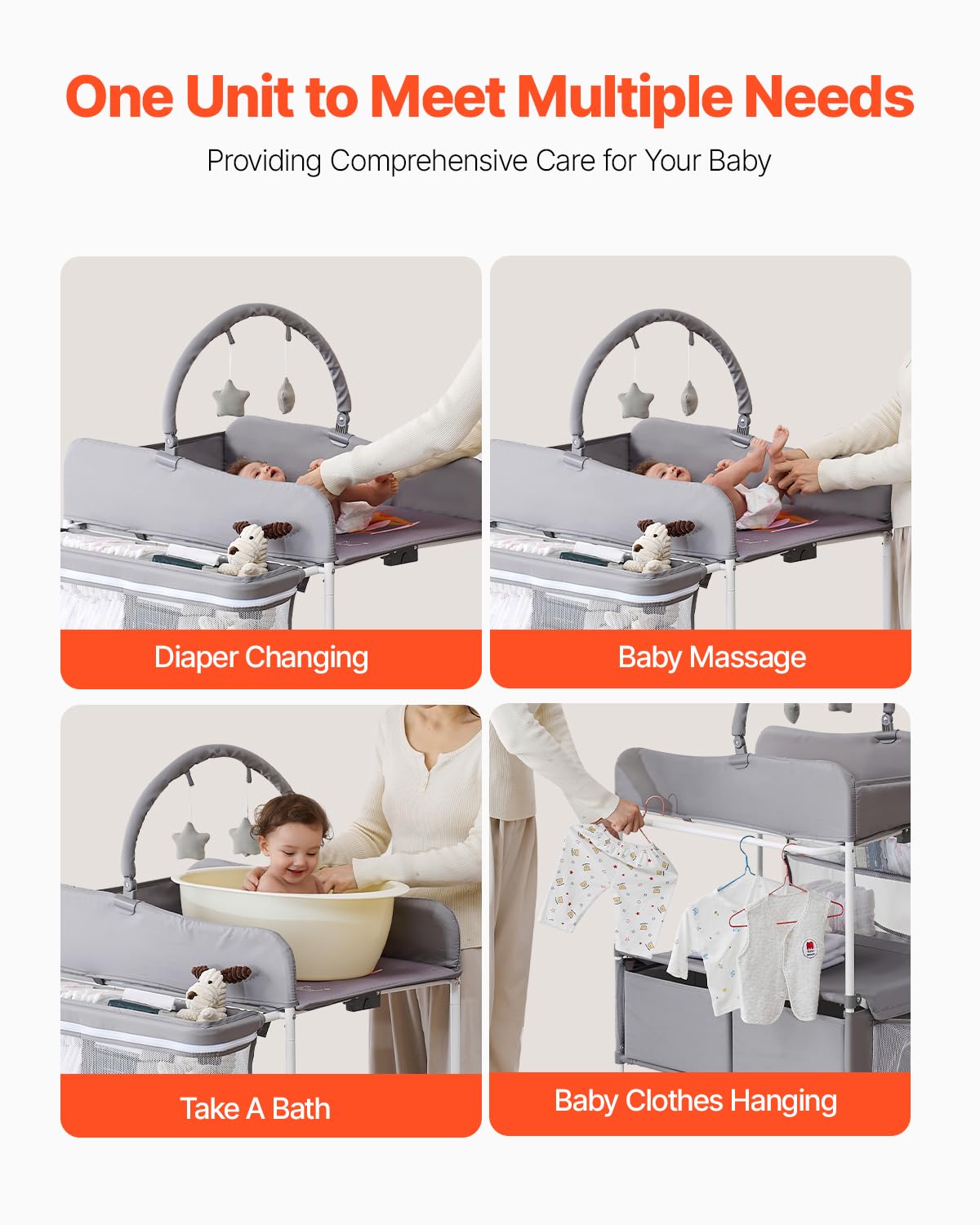 VEVOR Table à langer pour bébé, station à langer pliable avec 2 tiroirs en tissu, panier latéral et tringle, table à langer portable à hauteur réglable avec roulettes verrouillables et 2 jouets en