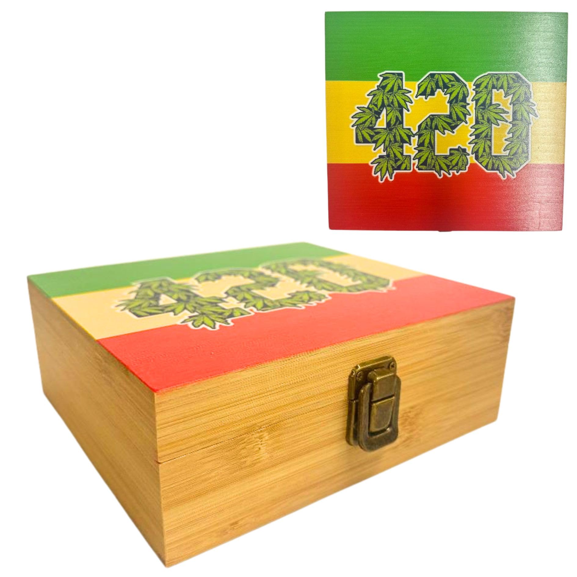 Smoker Rolling Stash Box Large King Size Paper Tips Crusher Storage Solution for Accessories & Organization Natural Premium Bamboo Wood wooden bamboo box Christmas fathers day (Rasta 420)