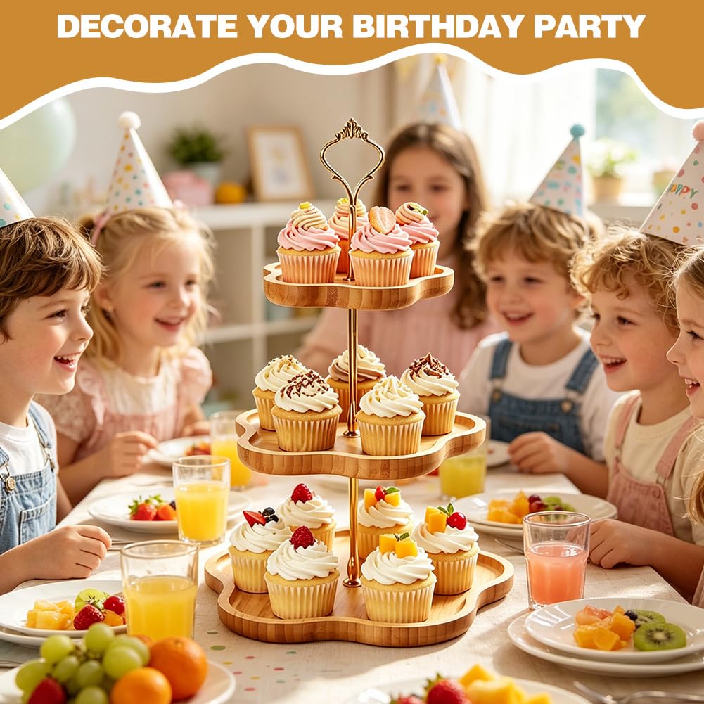 Soporte de 3 pisos de madera para cupcakes, soporte para cupcakes con mango de metal, soporte para frutas, 3 pisos, soporte para tartas, para cumpleaños, té de la tarde, fiesta de boda