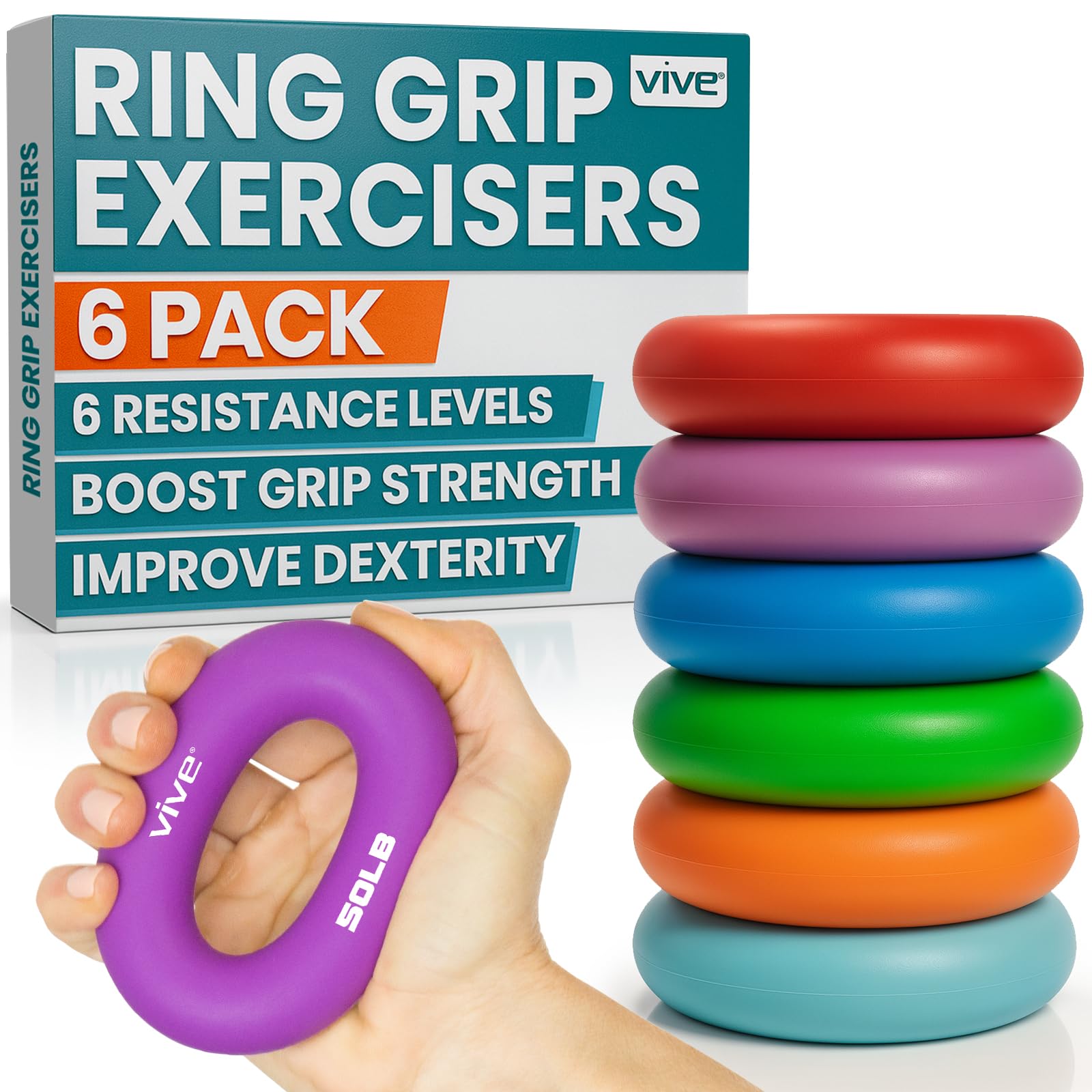 Vive Hand Strengthener Grip Ring - Forearm Ring Hand Exercisers - Silicone Squeezer Gripper for Muscle Strengthening Training Tool - Arthritis Finger Physical Therapy PT Kit Trainer